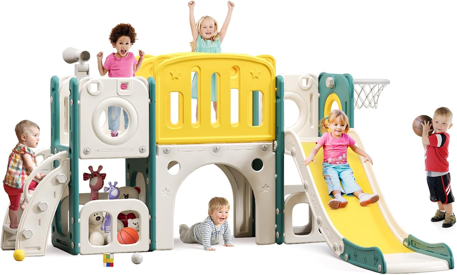 8-in-1 toddler climber and slide playset with integrated basketball hoop and activity features — front