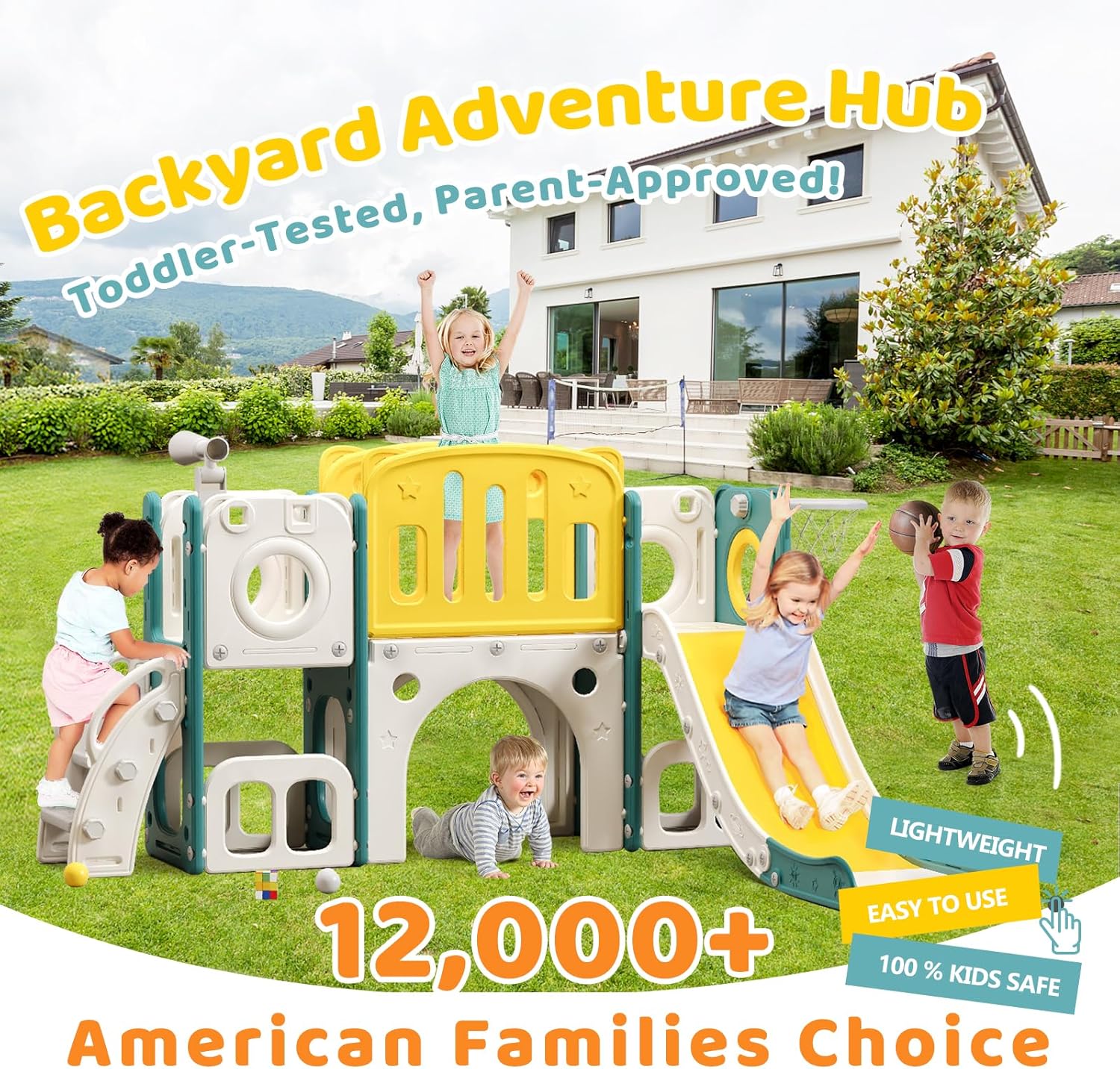 8-in-1 toddler climber and slide playset with integrated basketball hoop and activity features — side