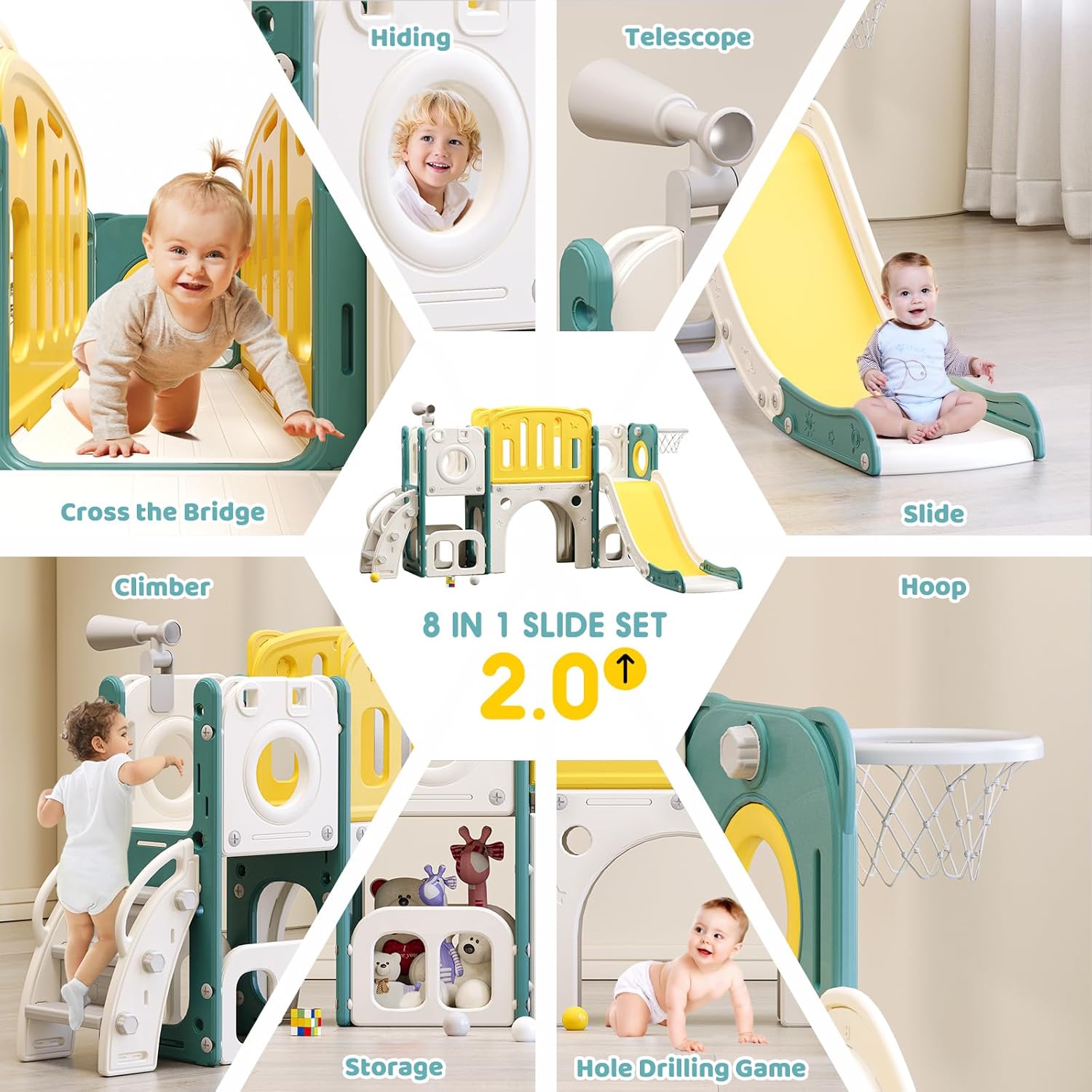 8-in-1 toddler climber and slide playset with integrated basketball hoop and activity features — view 7a