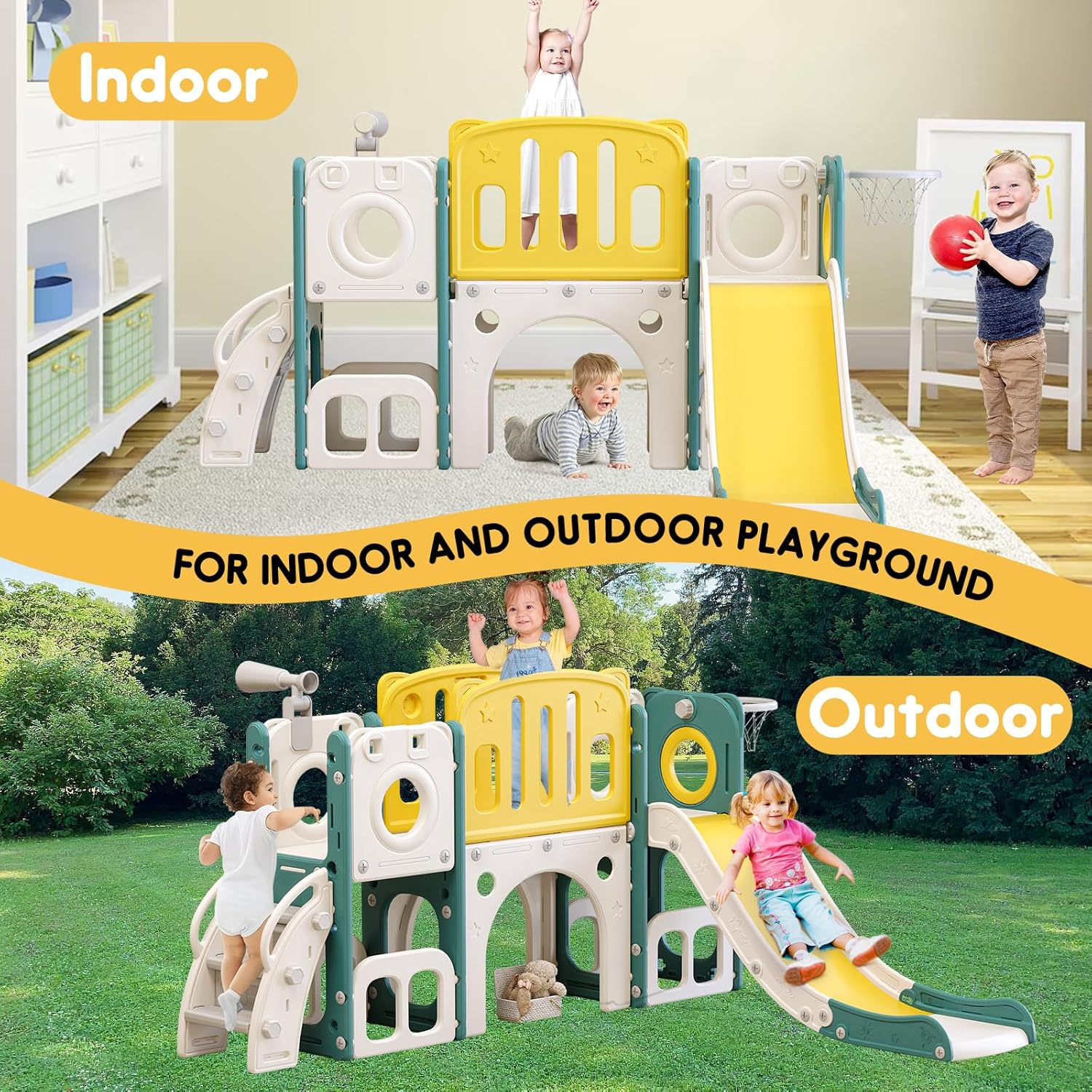 8-in-1 toddler climber and slide playset with integrated basketball hoop and activity features — view 1