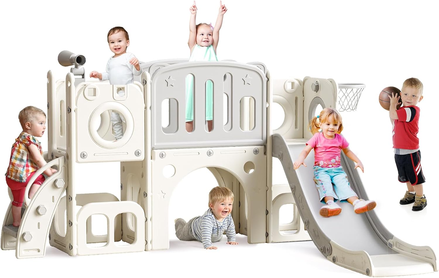 8-in-1 toddler climber and slide playset with integrated basketball hoop and activity features — view 3a