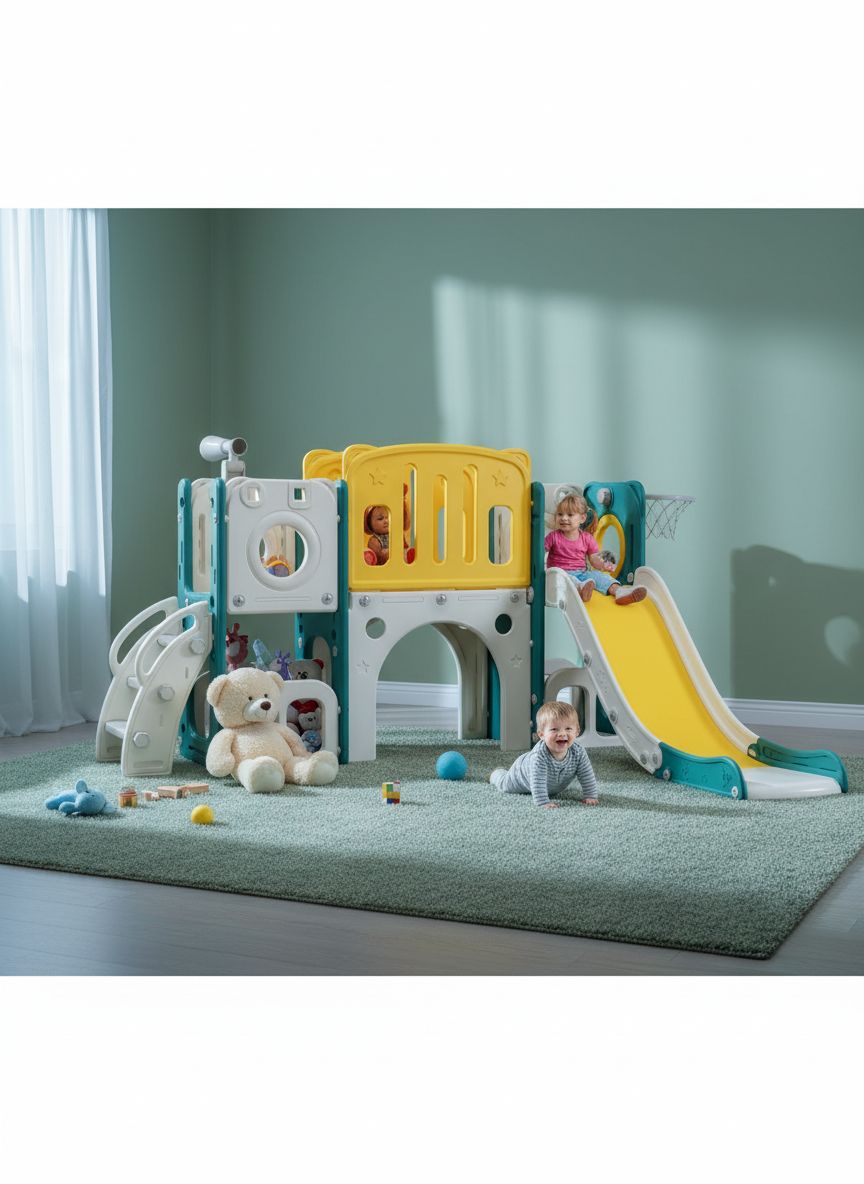 8-in-1 toddler climber and slide playset with integrated basketball hoop and activity features — view 2