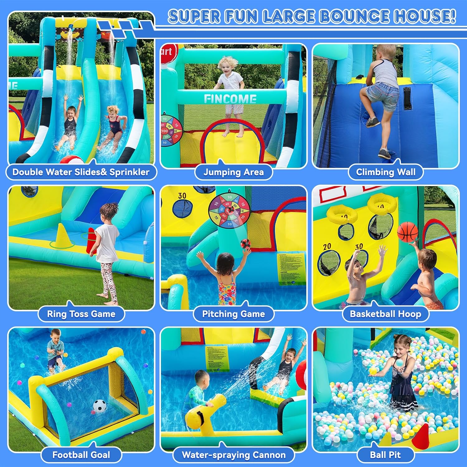 Large inflatable bounce house with double slides in blue and white, featuring integrated pool and climbing wall — view 2
