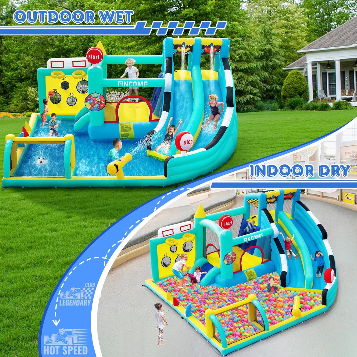 Large inflatable bounce house with double slides in blue and white, featuring integrated pool and climbing wall — view 3