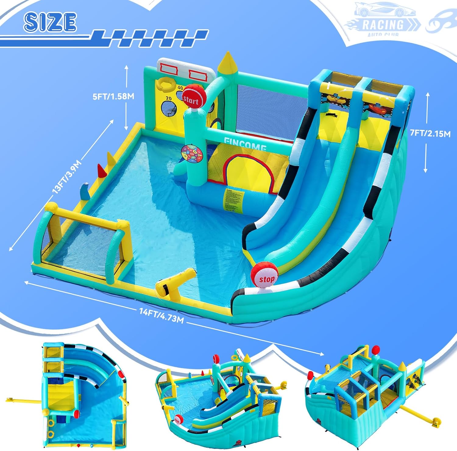 Large inflatable bounce house with double slides in blue and white, featuring integrated pool and climbing wall — view 4