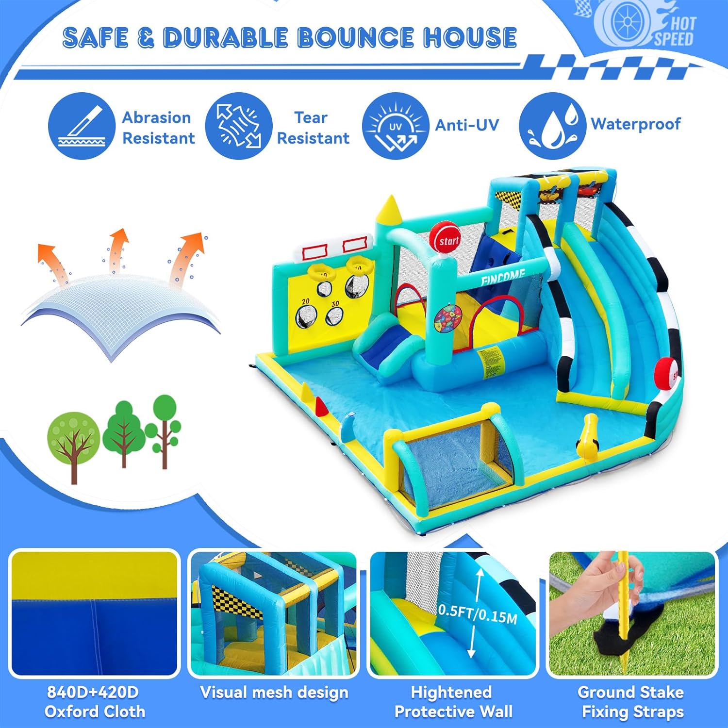 Large inflatable bounce house with double slides in blue and white, featuring integrated pool and climbing wall — view 2