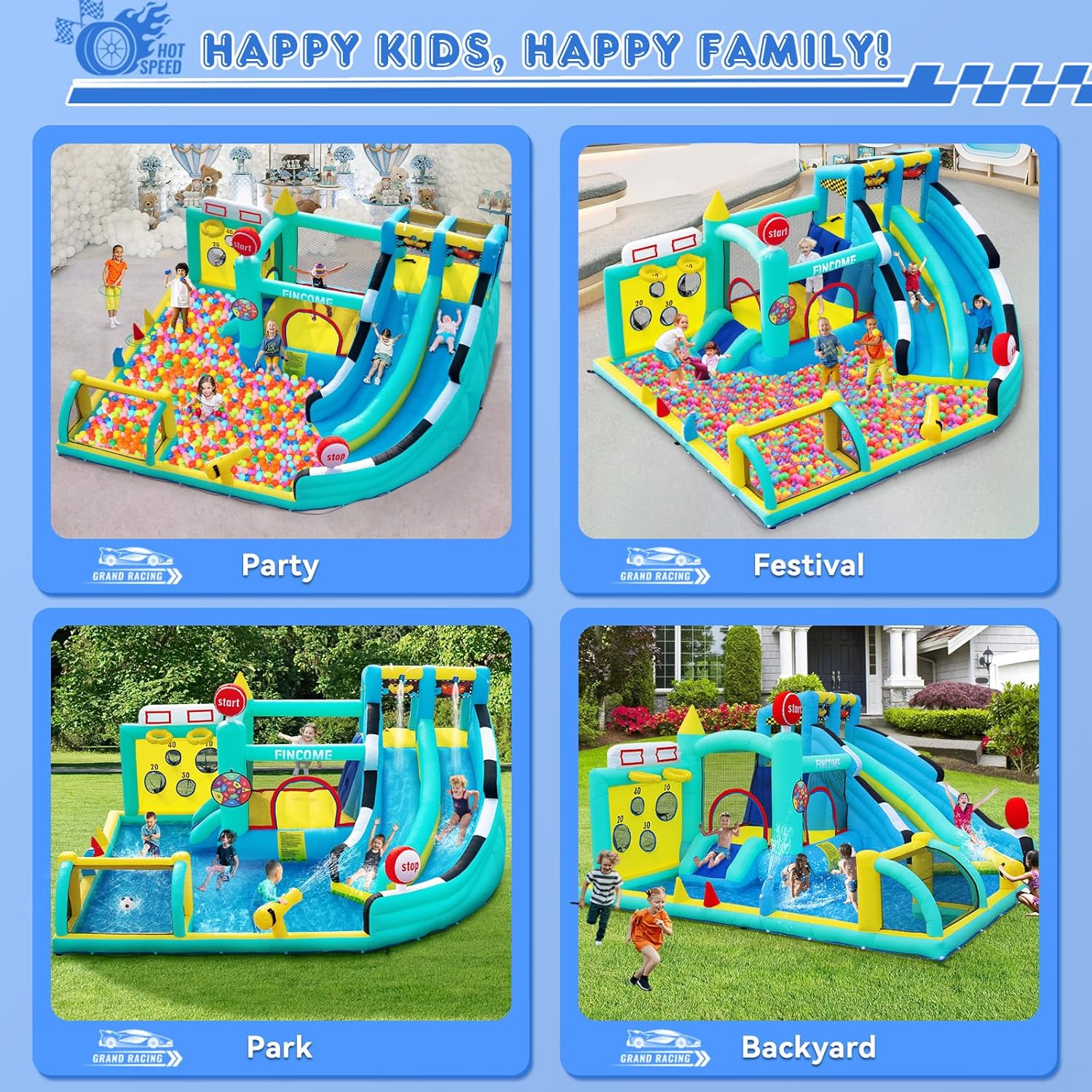 Large inflatable bounce house with double slides in blue and white, featuring integrated pool and climbing wall — view 3