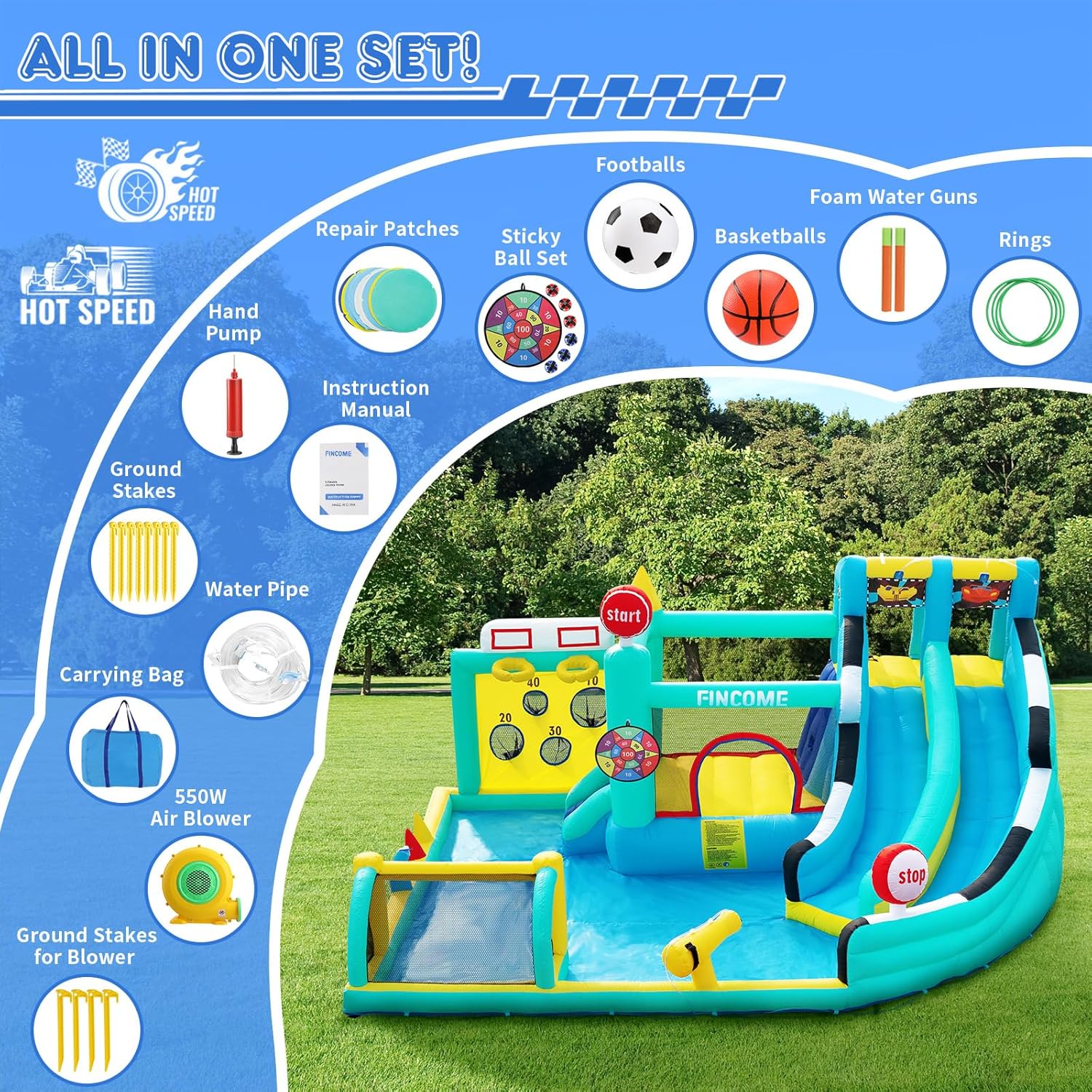 Large inflatable bounce house with double slides in blue and white, featuring integrated pool and climbing wall — view 4