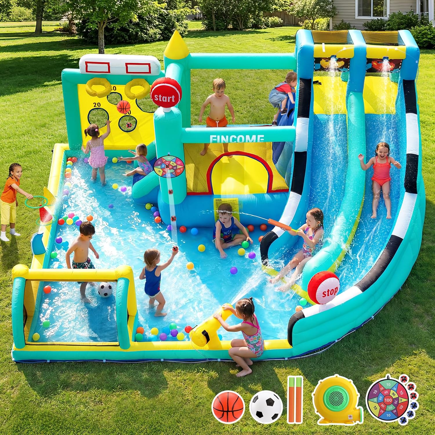 Large inflatable bounce house with double slides in blue and white, featuring integrated pool and climbing wall — view 5