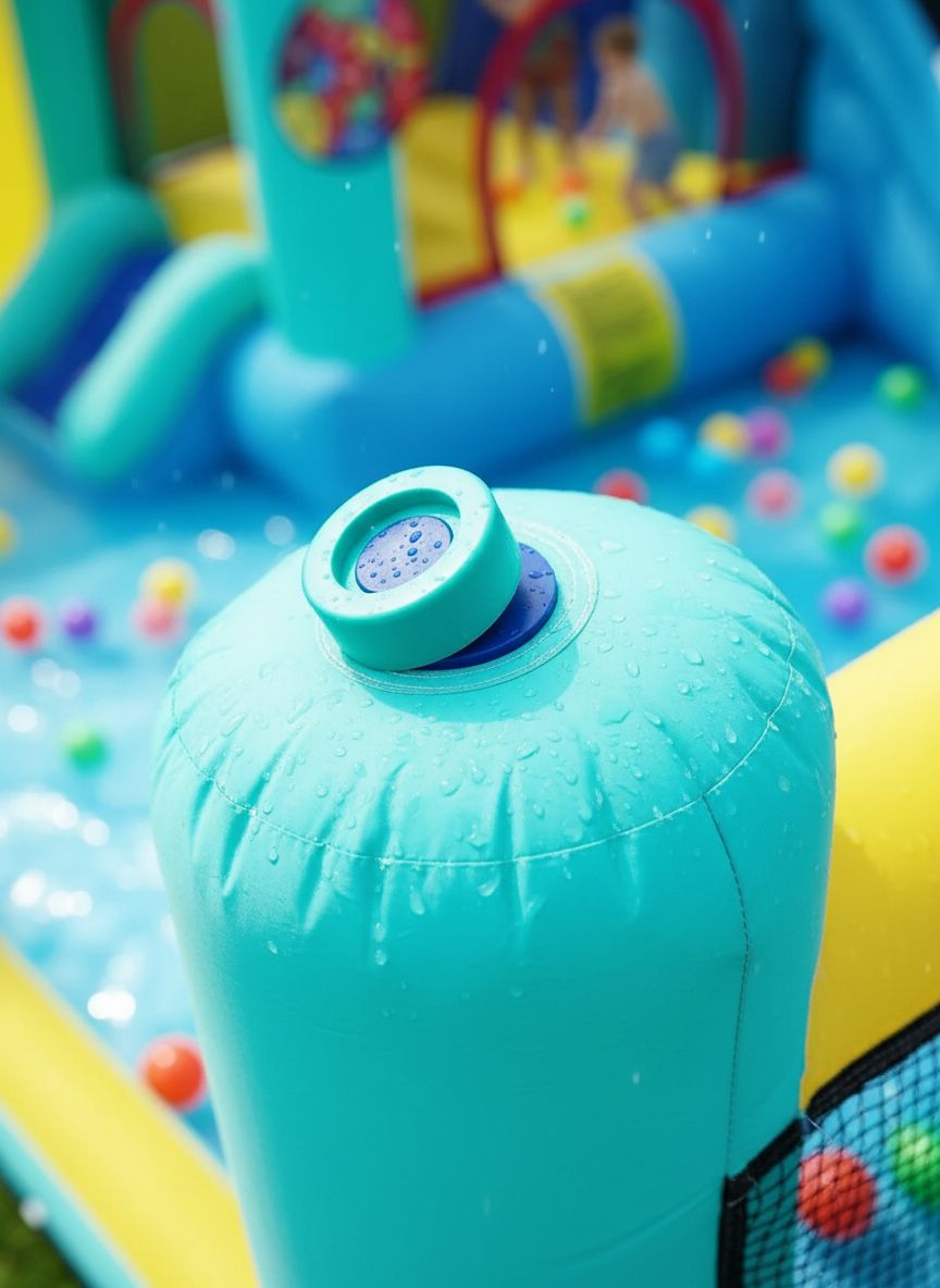 Large inflatable bounce house with double slides in blue and white, featuring integrated pool and climbing wall — view 4