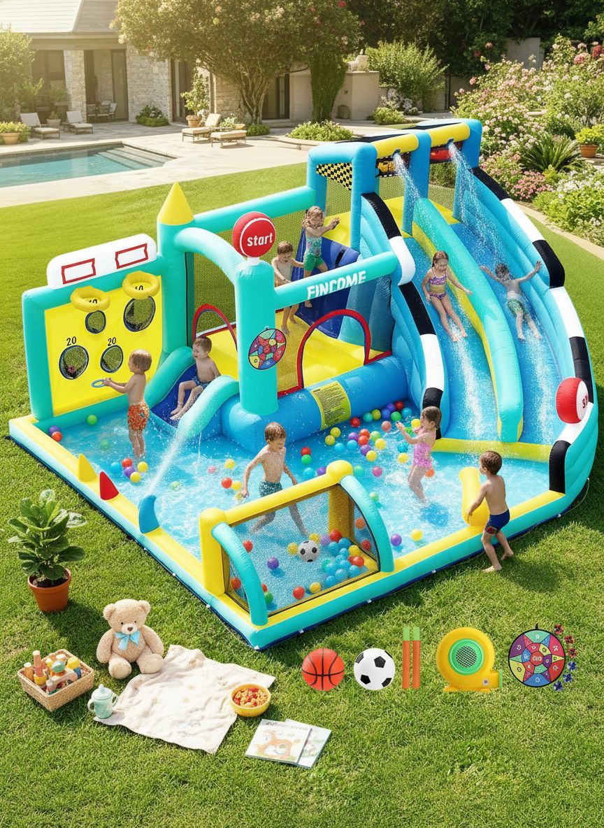 Large inflatable bounce house with double slides in blue and white, featuring integrated pool and climbing wall — view 5a