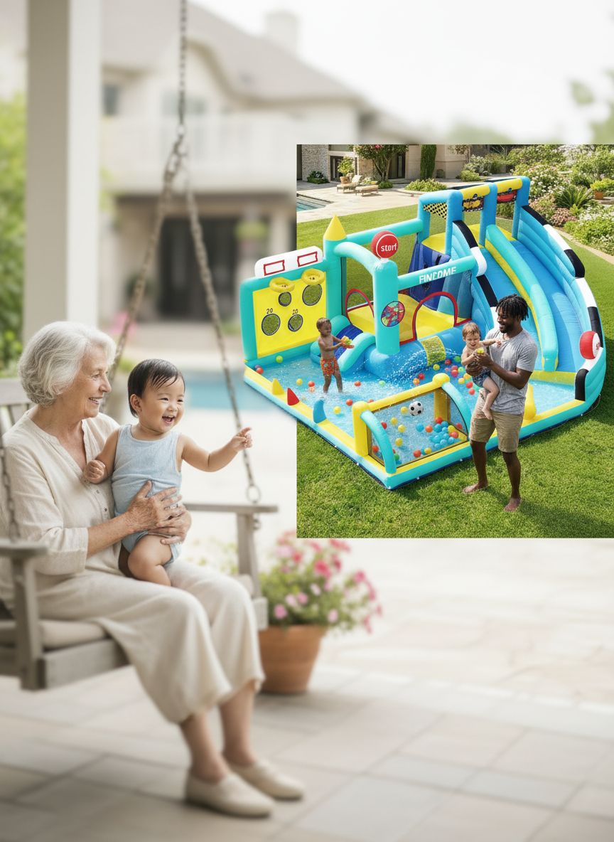 Large inflatable bounce house with double slides in blue and white, featuring integrated pool and climbing wall — view 7a