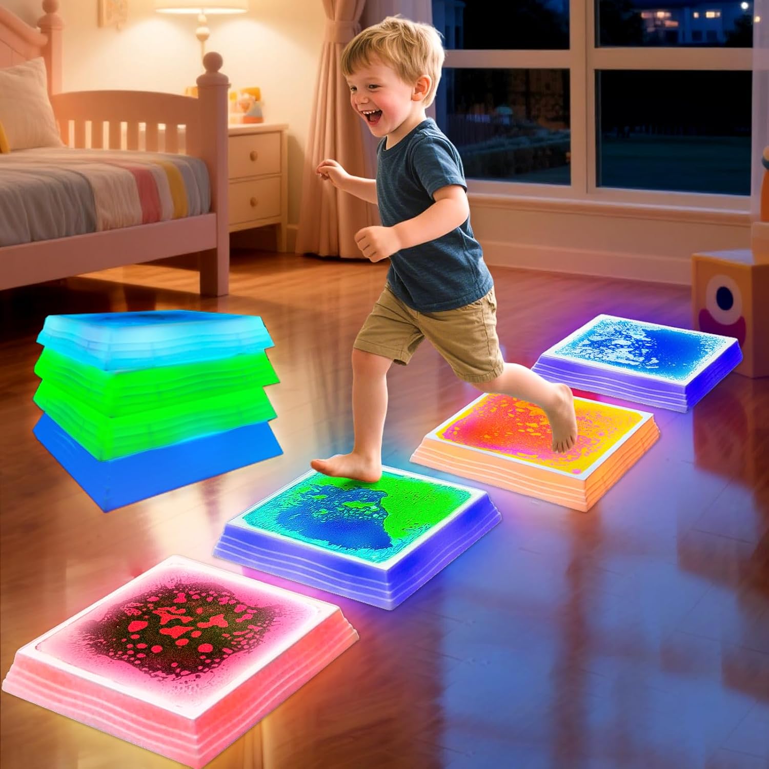 Light-up sensory floor tile in blue LED color with liquid center and non-slip bottom — view 1