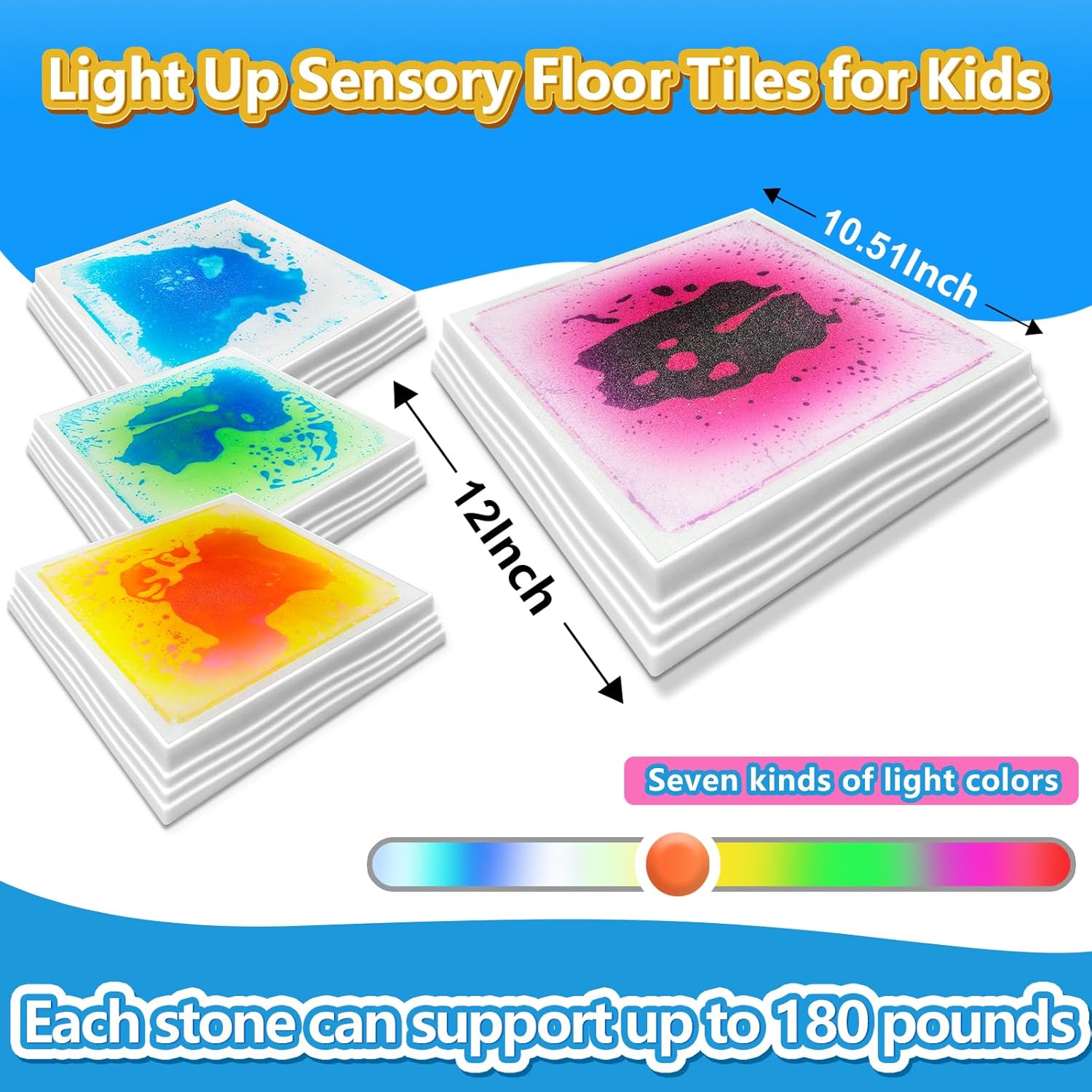 Light-up sensory floor tile in blue LED color with liquid center and non-slip bottom — view 2