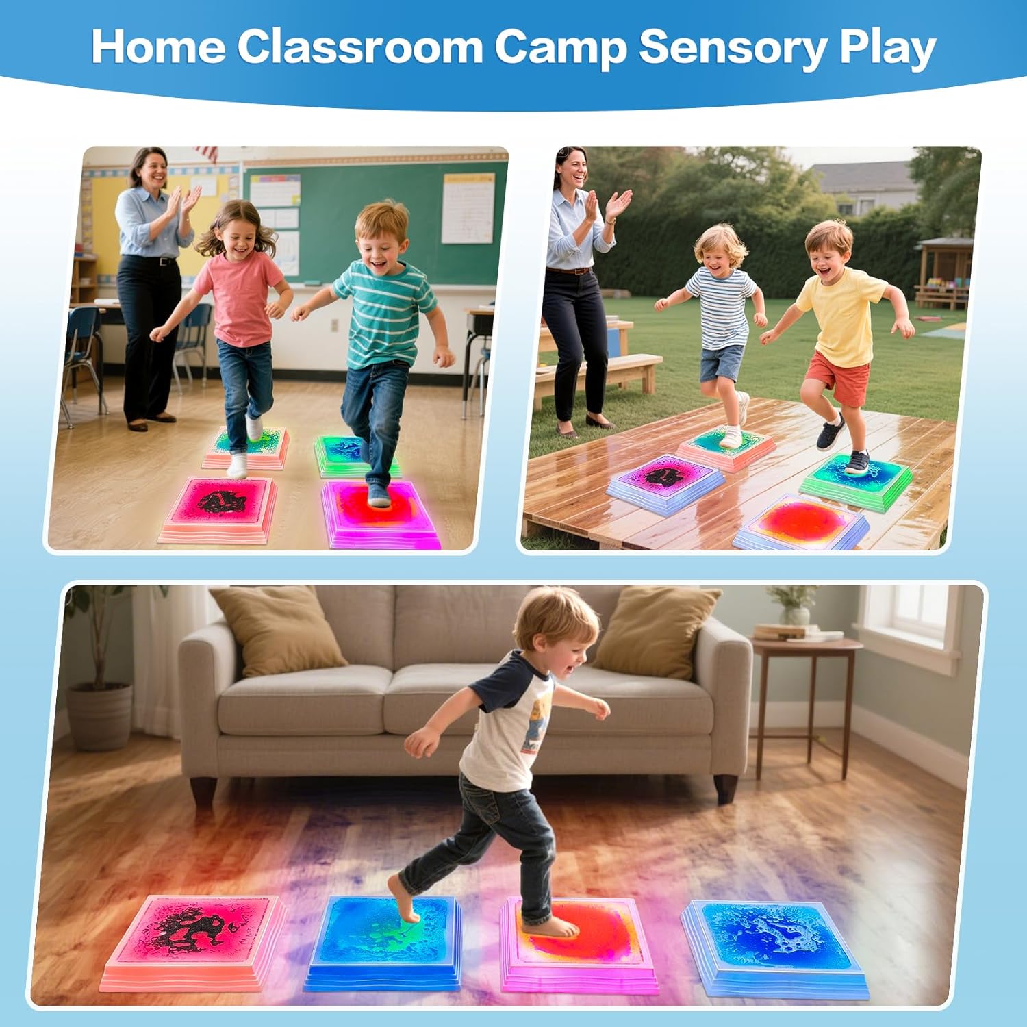 Light-up sensory floor tile in blue LED color with liquid center and non-slip bottom — view 3