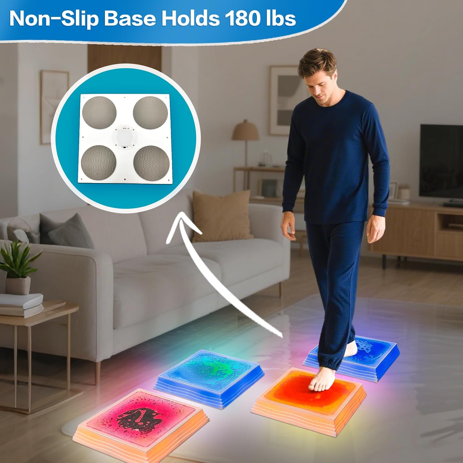 Light-up sensory floor tile in blue LED color with liquid center and non-slip bottom — view 2