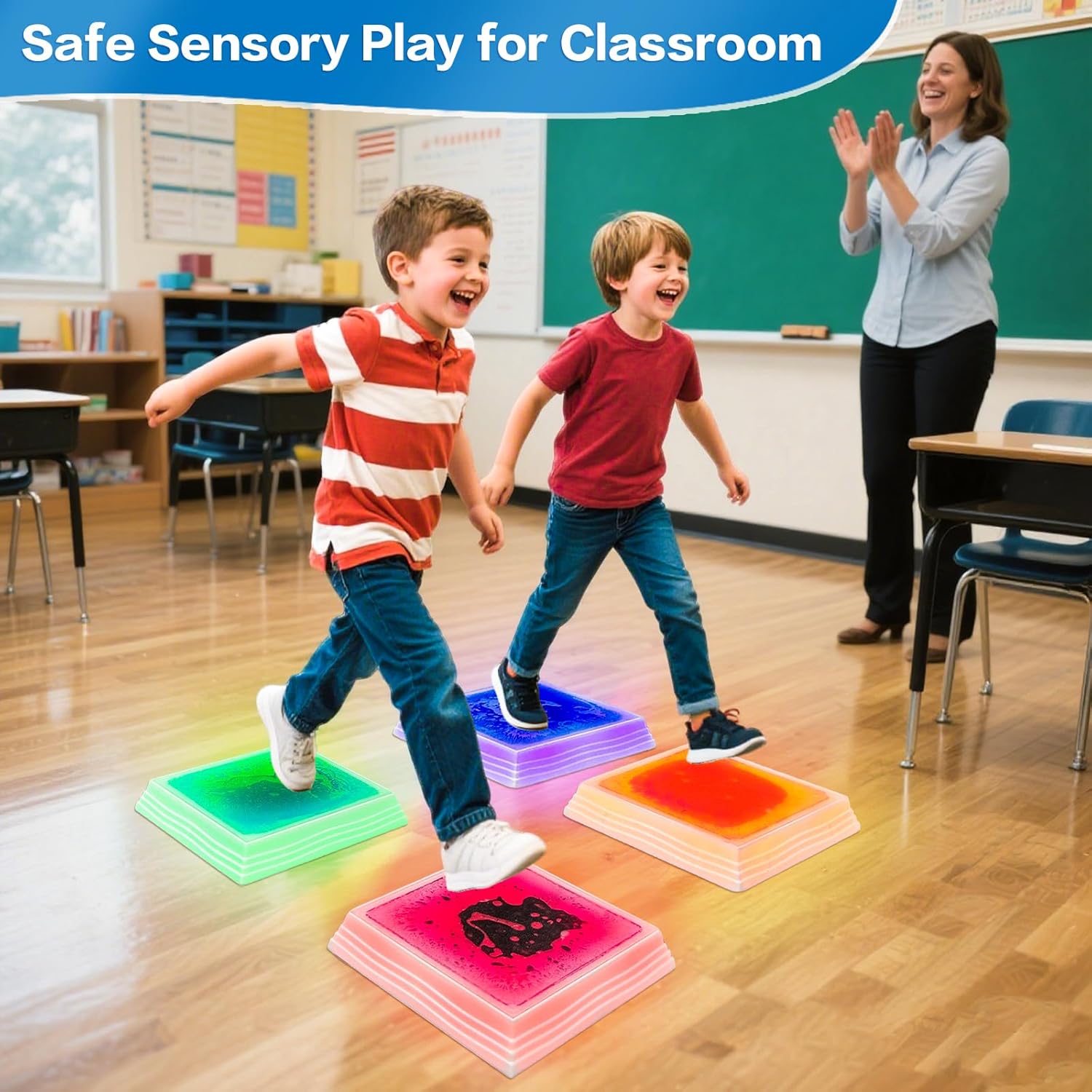 Light-up sensory floor tile in blue LED color with liquid center and non-slip bottom — view 4