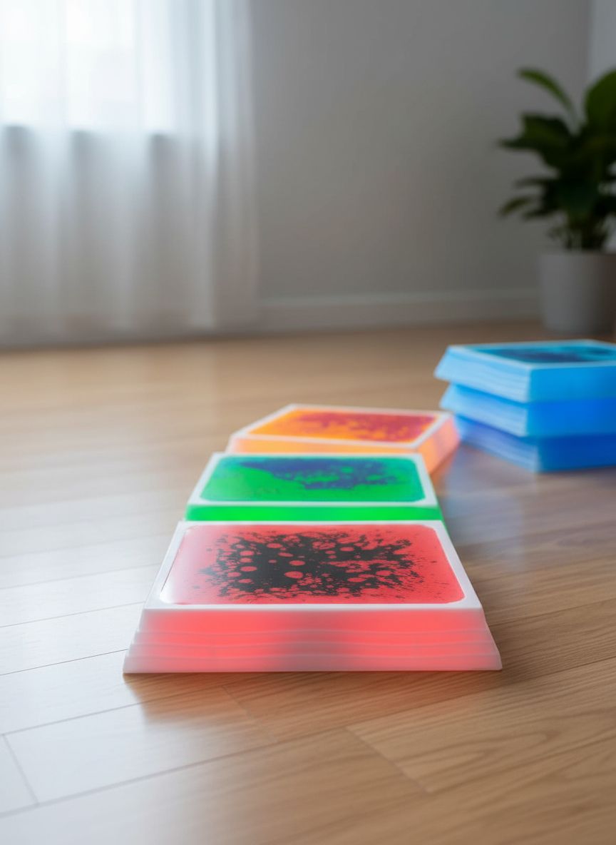 Light-up sensory floor tile in blue LED color with liquid center and non-slip bottom — view 2