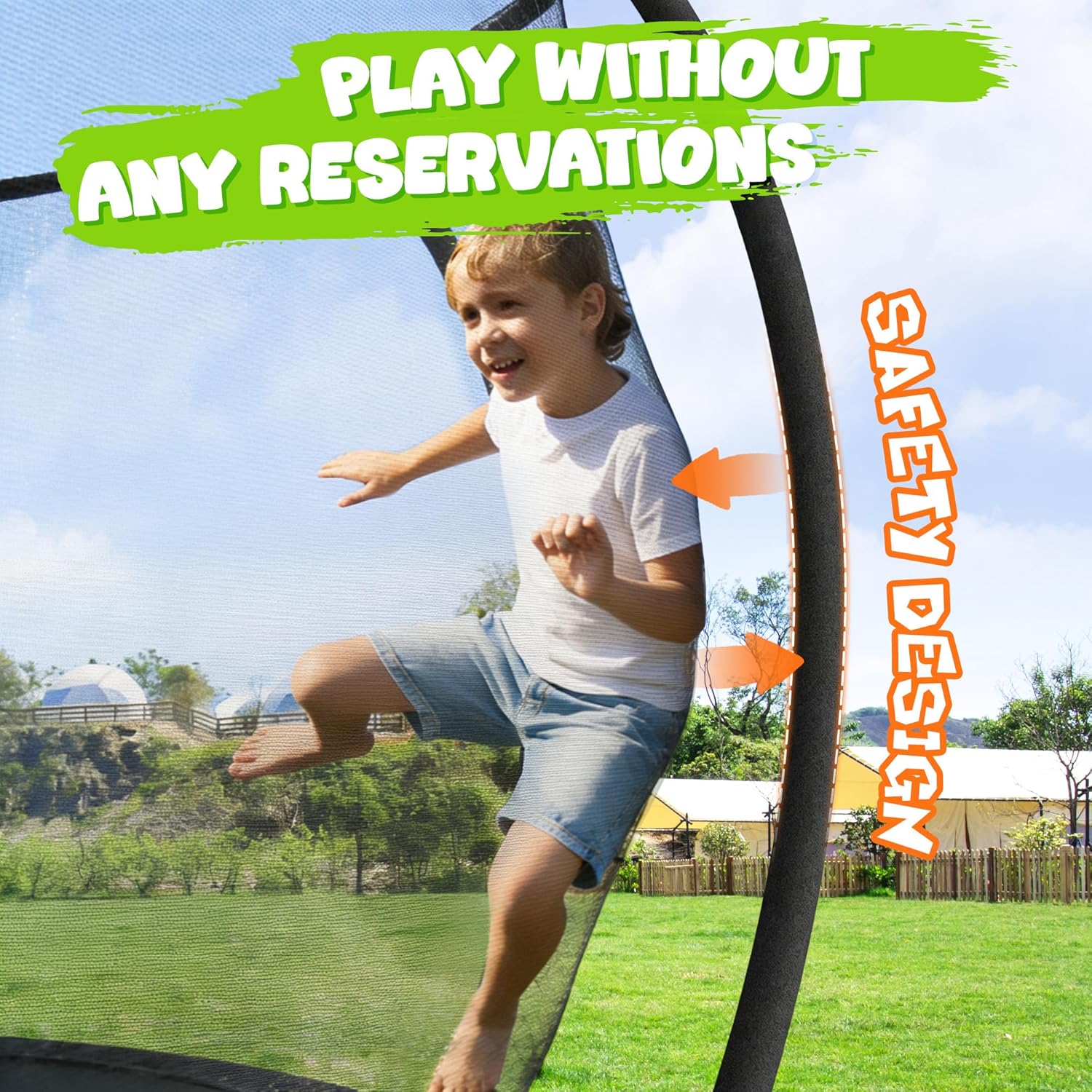 8-foot outdoor trampoline with black safety enclosure net and metal frame โ view 2