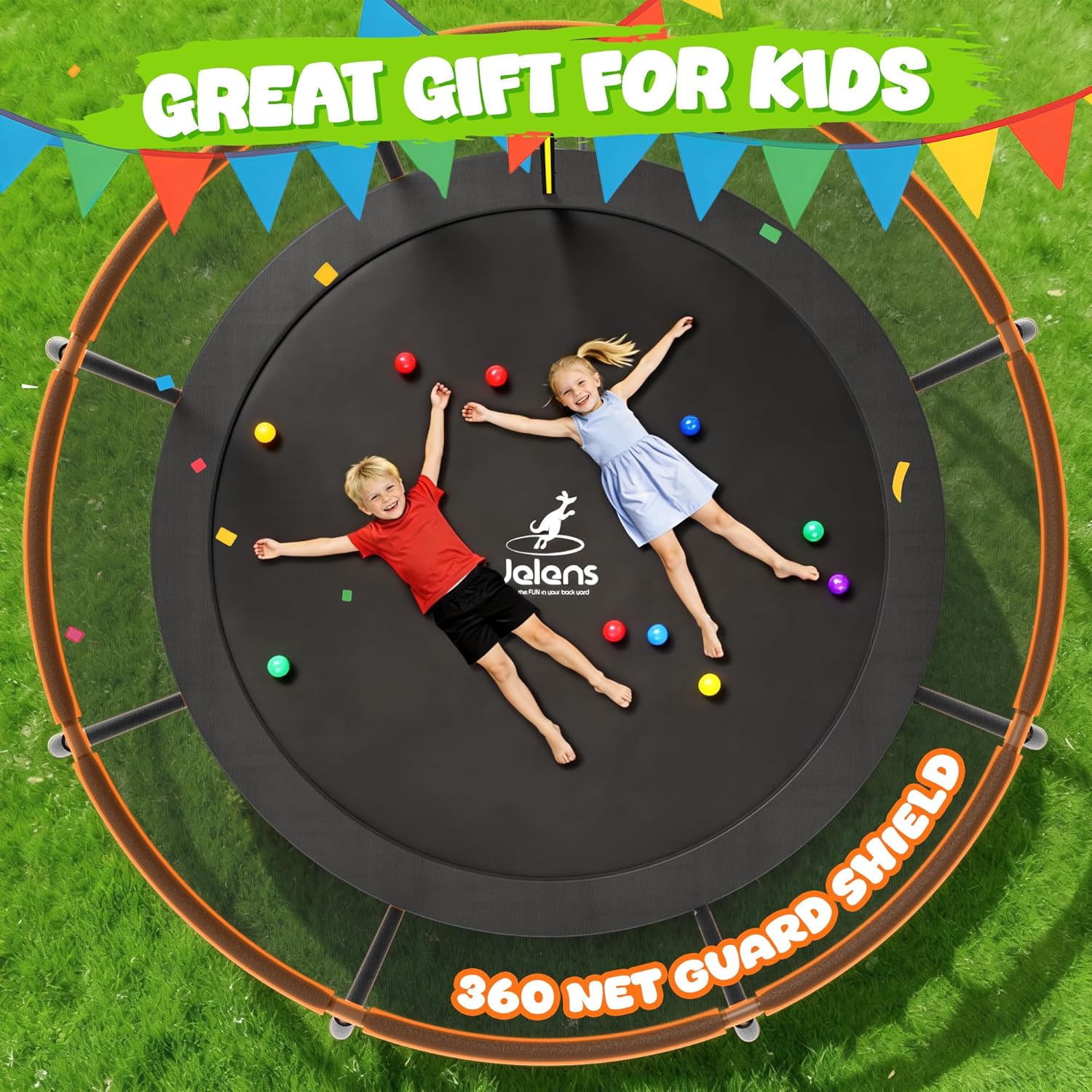 8-foot outdoor trampoline with black safety enclosure net and metal frame โ view 4