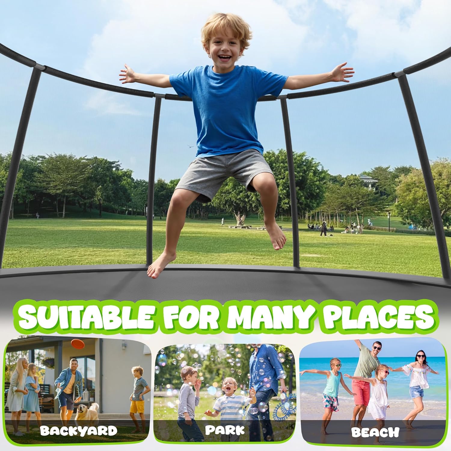8-foot outdoor trampoline with black safety enclosure net and metal frame โ view 4