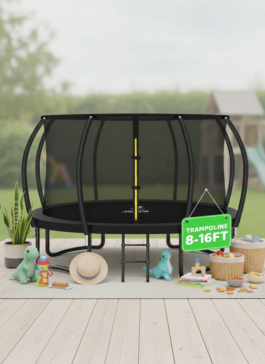 8-foot outdoor trampoline with black safety enclosure net and metal frame โ view 5a