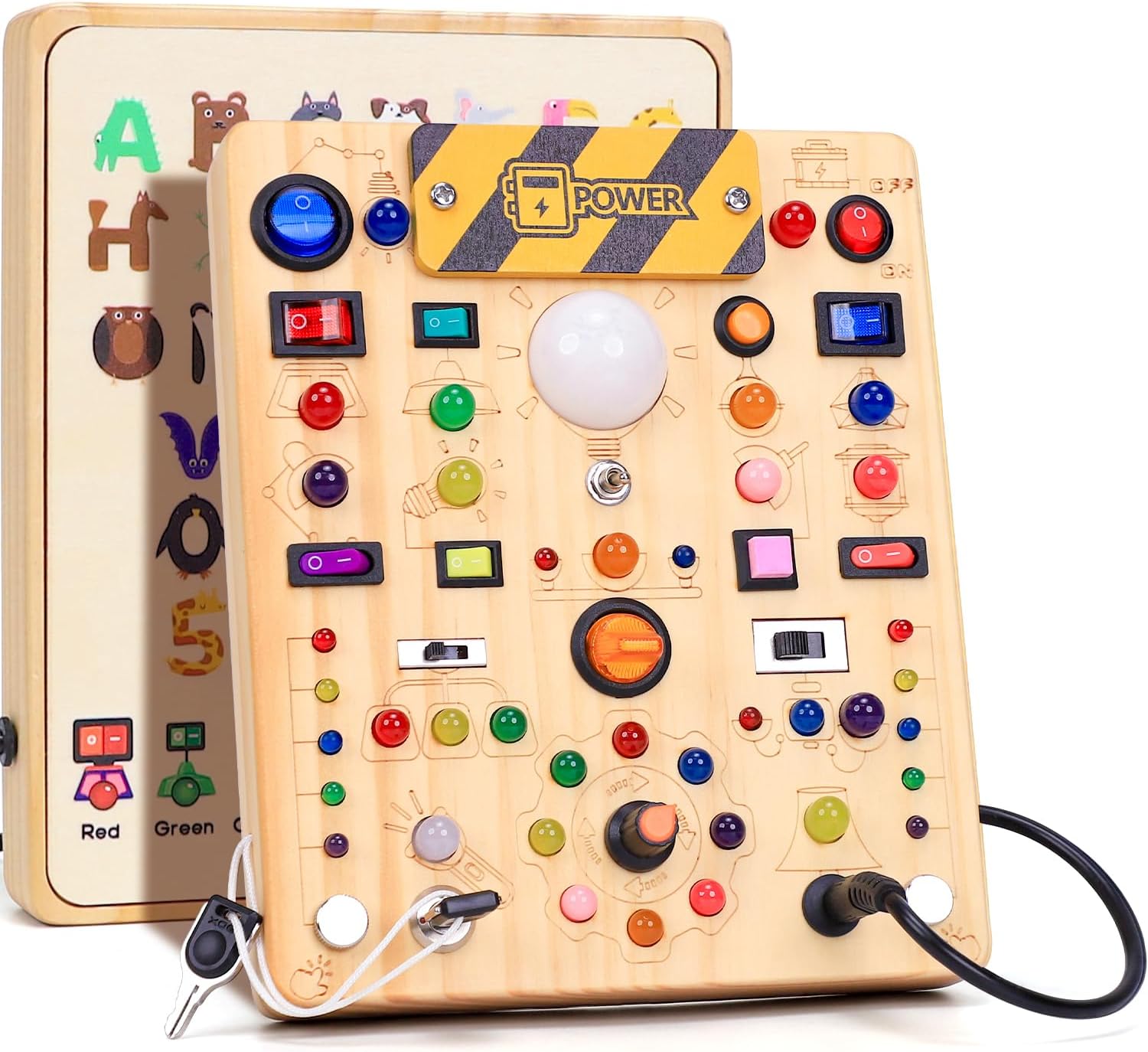 Wooden sensory activity board with 19 colorful LED light switches and tactile elements for toddler fine motor development — front
