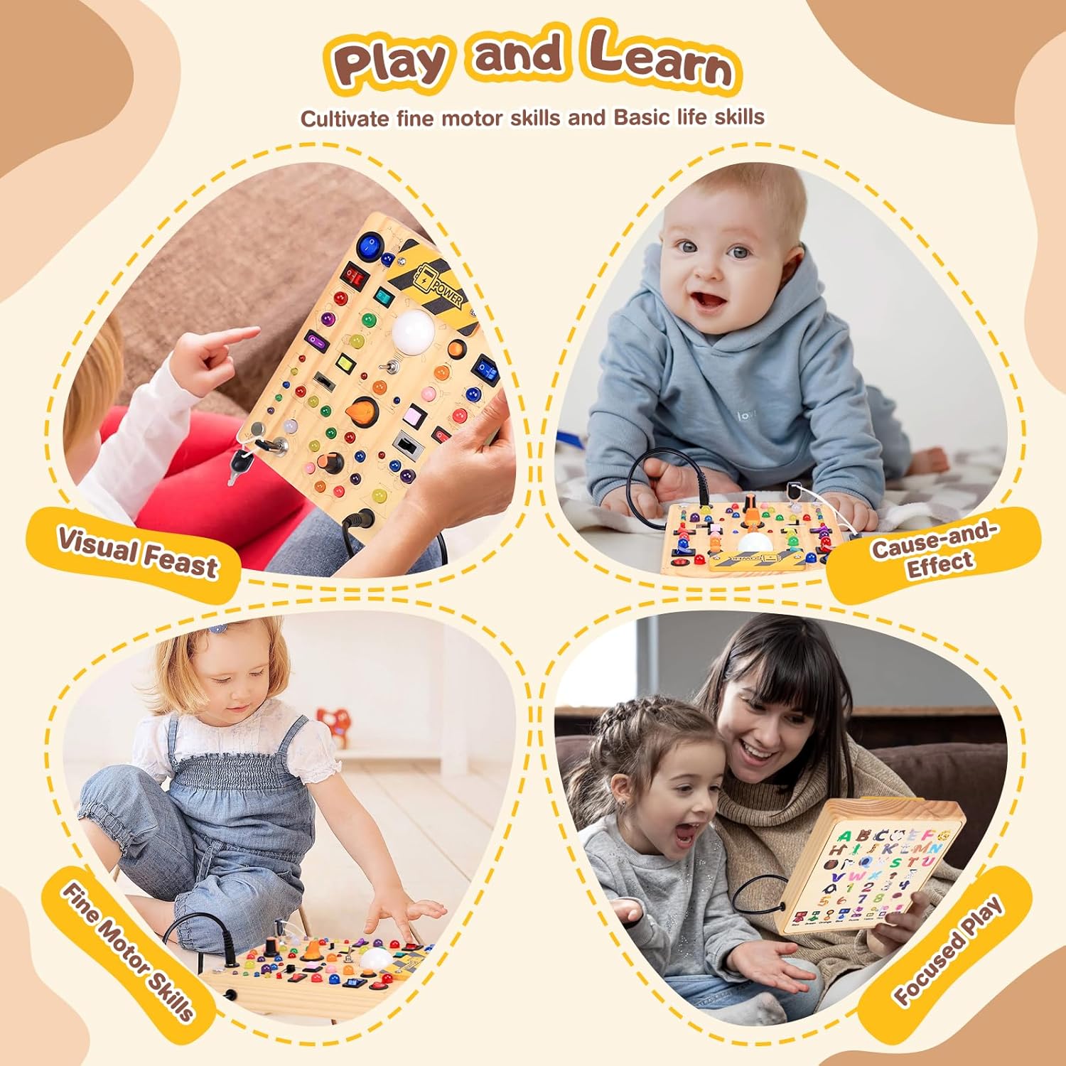 Wooden sensory activity board with 19 colorful LED light switches and tactile elements for toddler fine motor development — view 2