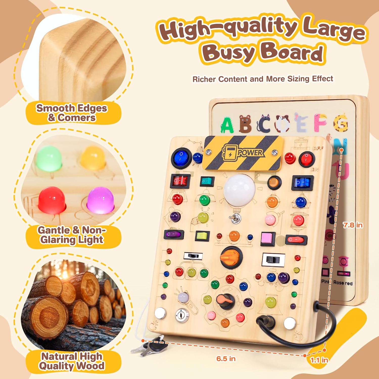 Wooden sensory activity board with 19 colorful LED light switches and tactile elements for toddler fine motor development — detail