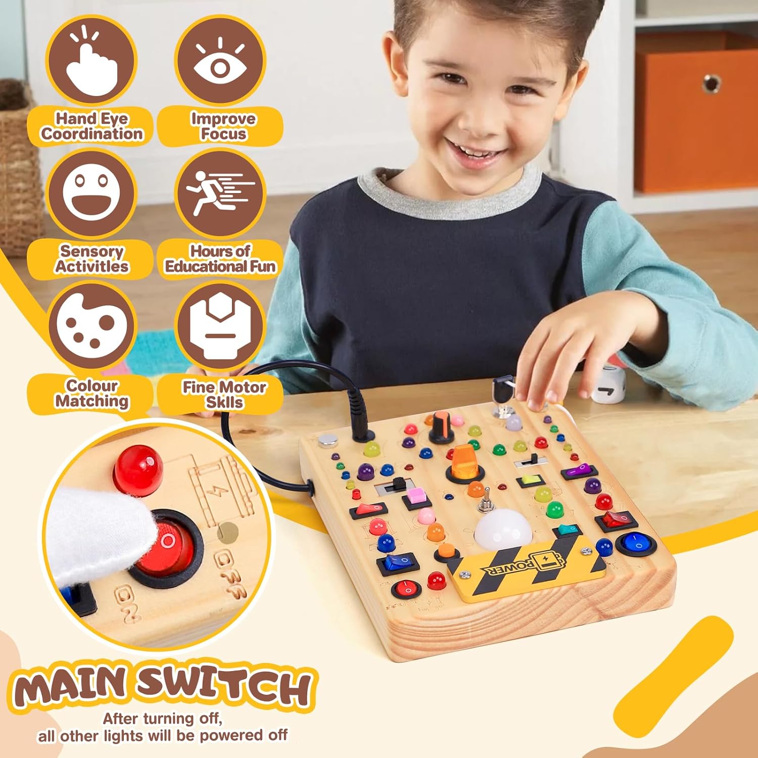Wooden sensory activity board with 19 colorful LED light switches and tactile elements for toddler fine motor development — view 2