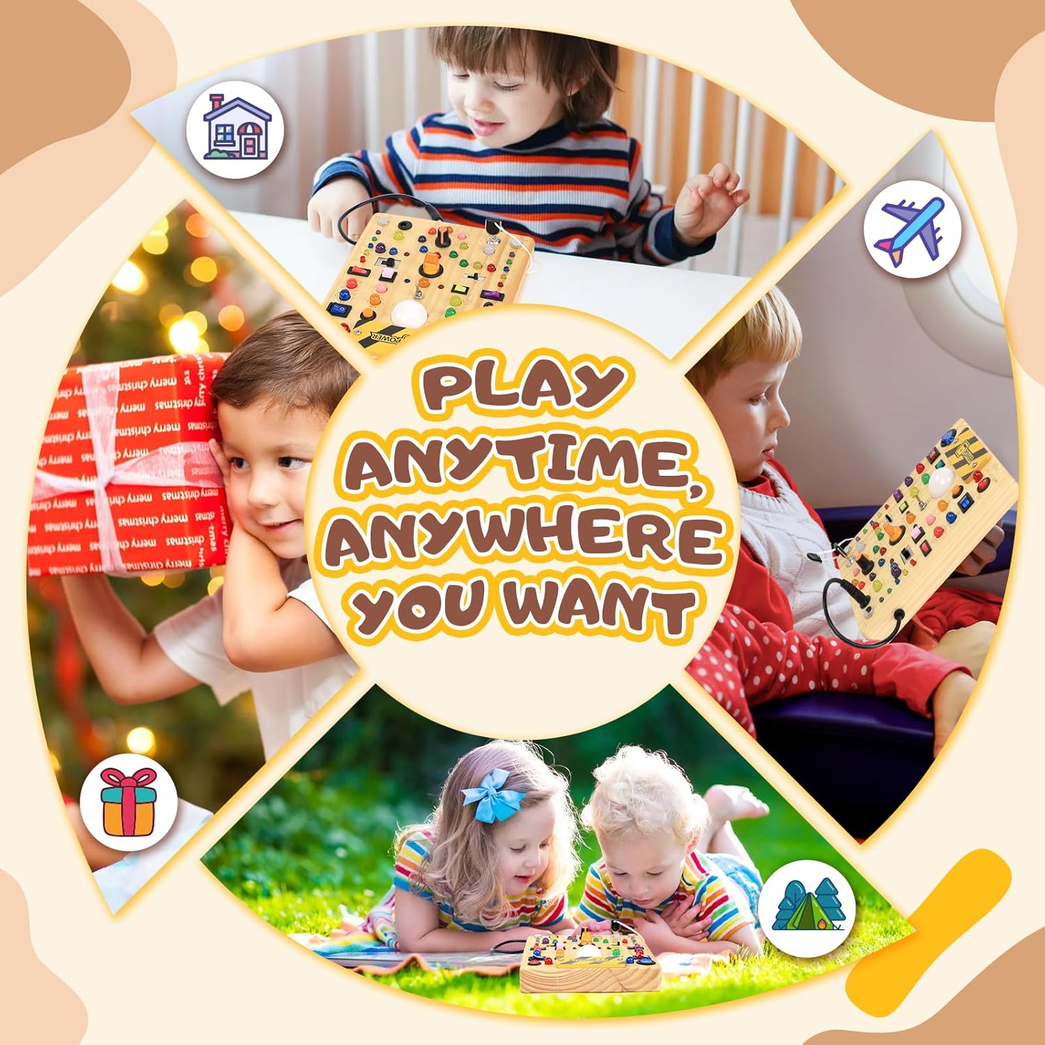 Wooden sensory activity board with 19 colorful LED light switches and tactile elements for toddler fine motor development — view 4