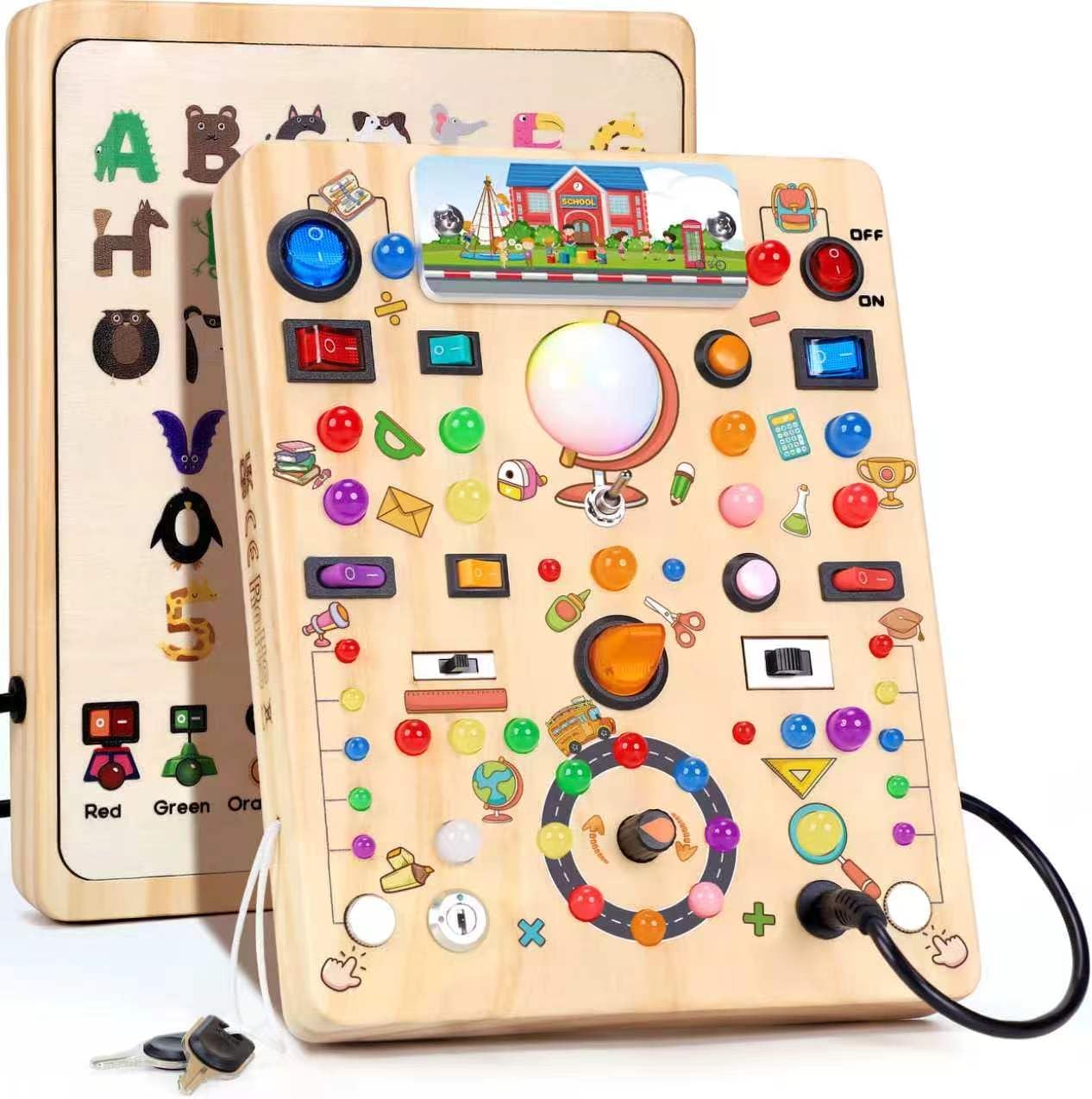 Wooden sensory activity board with 19 colorful LED light switches and tactile elements for toddler fine motor development — view 5