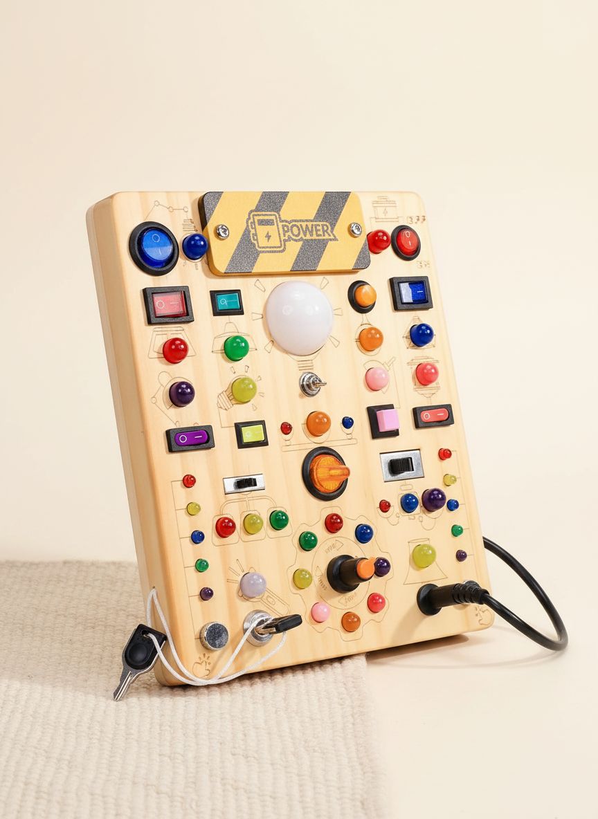 Wooden sensory activity board with 19 colorful LED light switches and tactile elements for toddler fine motor development — view 1