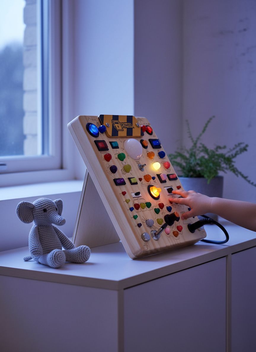 Wooden sensory activity board with 19 colorful LED light switches and tactile elements for toddler fine motor development — view 3