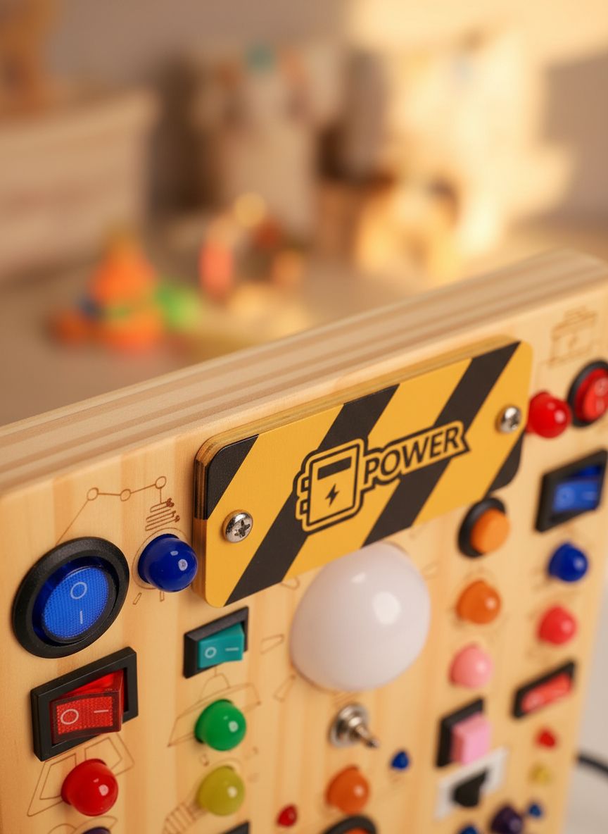 Wooden sensory activity board with 19 colorful LED light switches and tactile elements for toddler fine motor development — view 4