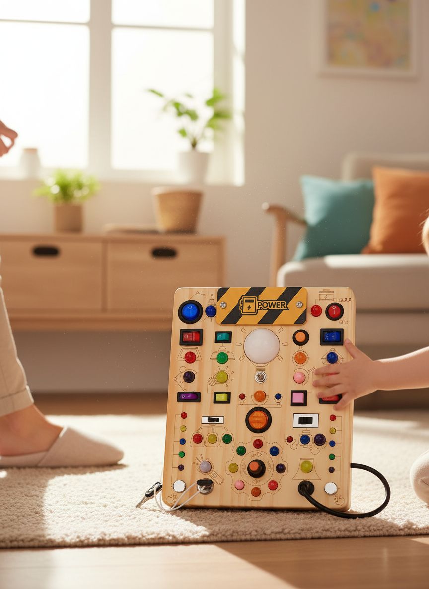 Wooden sensory activity board with 19 colorful LED light switches and tactile elements for toddler fine motor development — view 3a