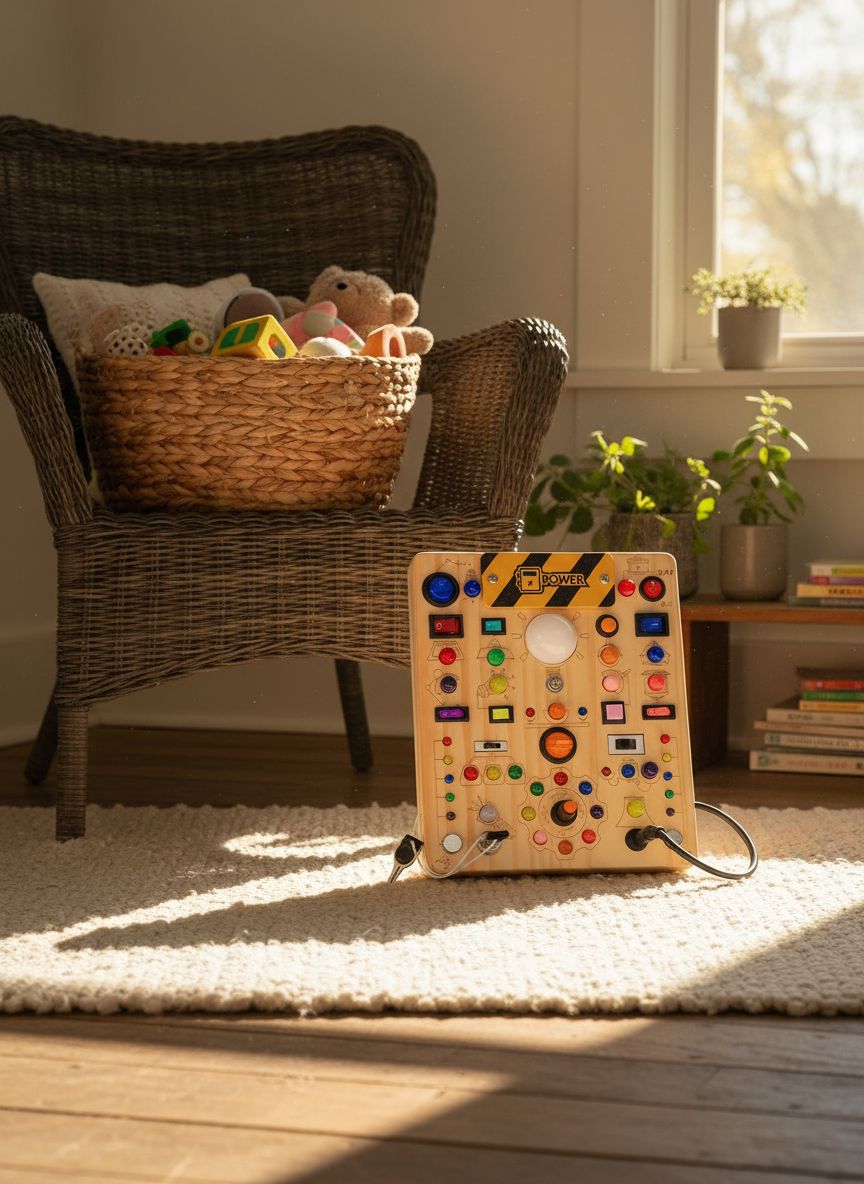 Wooden sensory activity board with 19 colorful LED light switches and tactile elements for toddler fine motor development — view 4