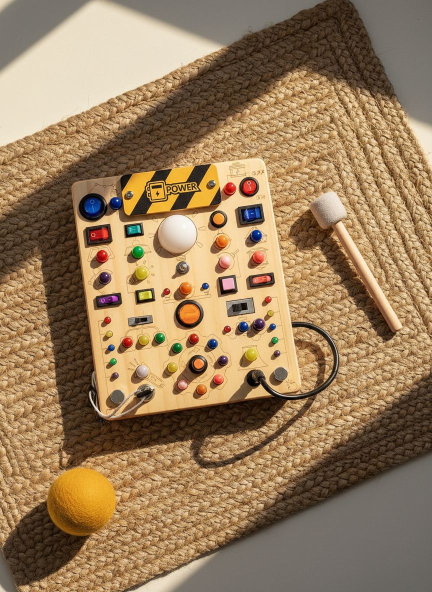 Wooden sensory activity board with 19 colorful LED light switches and tactile elements for toddler fine motor development — view 7a