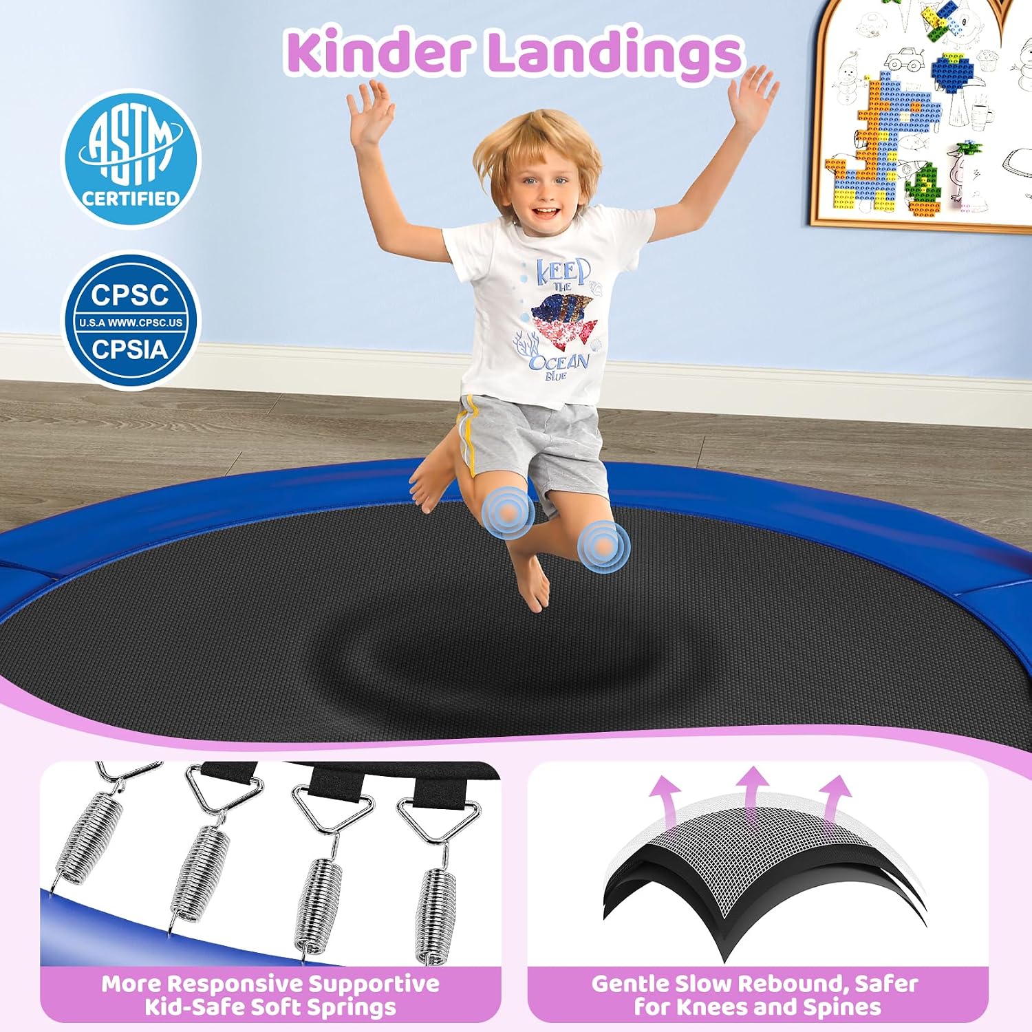 55-inch blue trampoline with black safety enclosure net and adjustable gymnastics bar for toddlers — view 2
