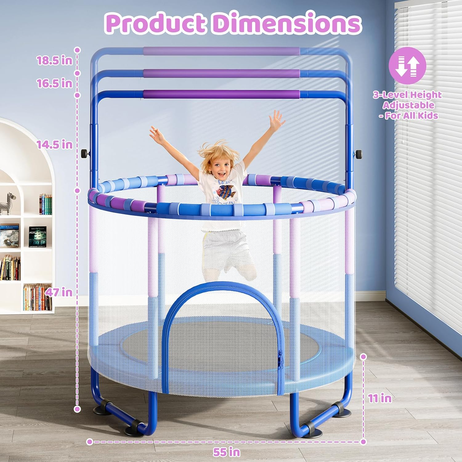 55-inch blue trampoline with black safety enclosure net and adjustable gymnastics bar for toddlers — view 3