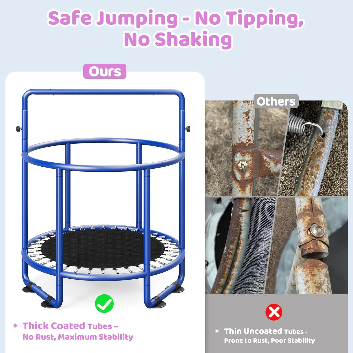 55-inch blue trampoline with black safety enclosure net and adjustable gymnastics bar for toddlers — view 4