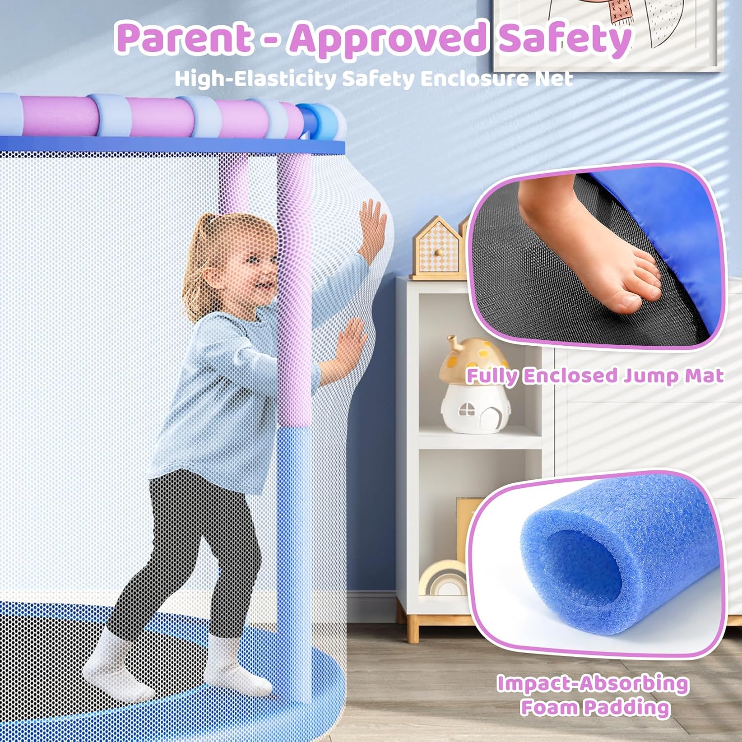 55-inch blue trampoline with black safety enclosure net and adjustable gymnastics bar for toddlers — view 2