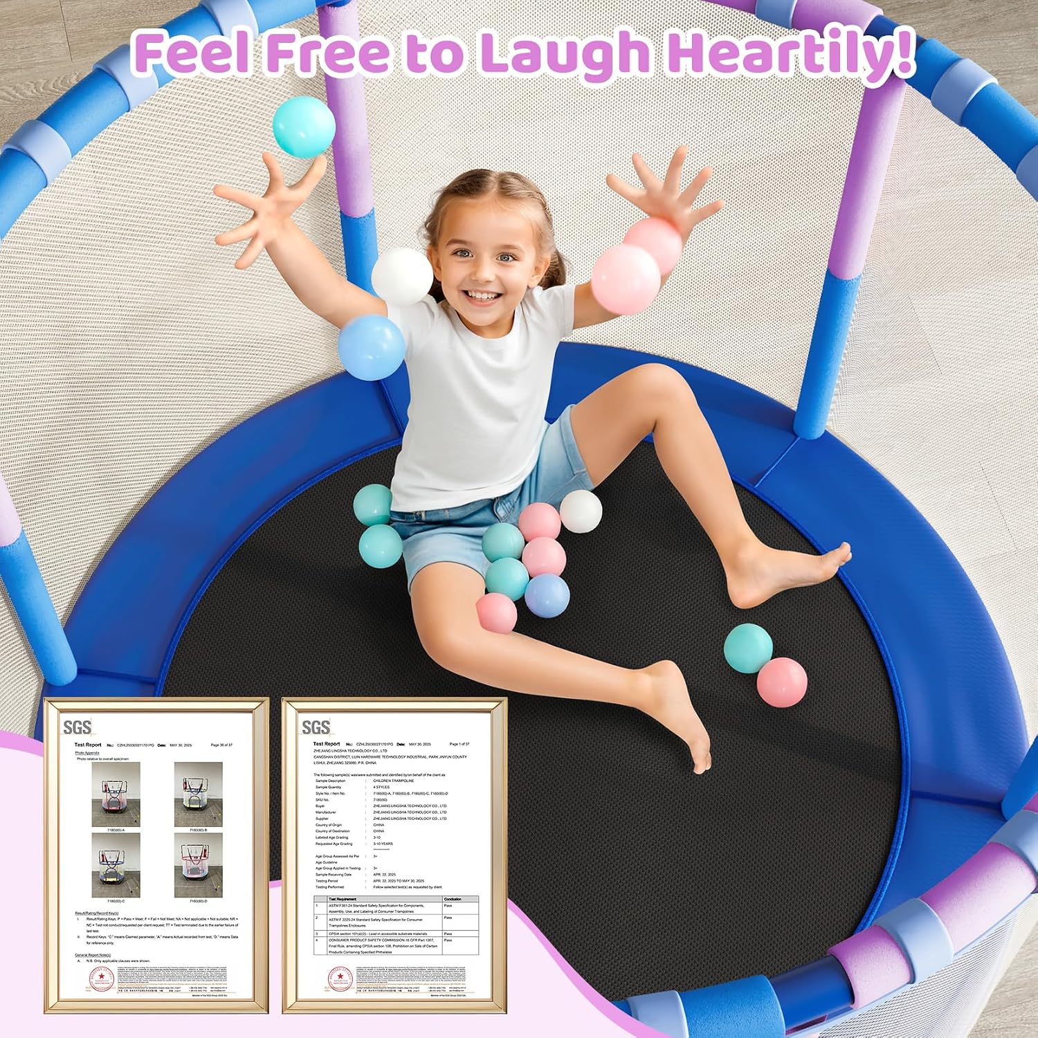 55-inch blue trampoline with black safety enclosure net and adjustable gymnastics bar for toddlers — view 3