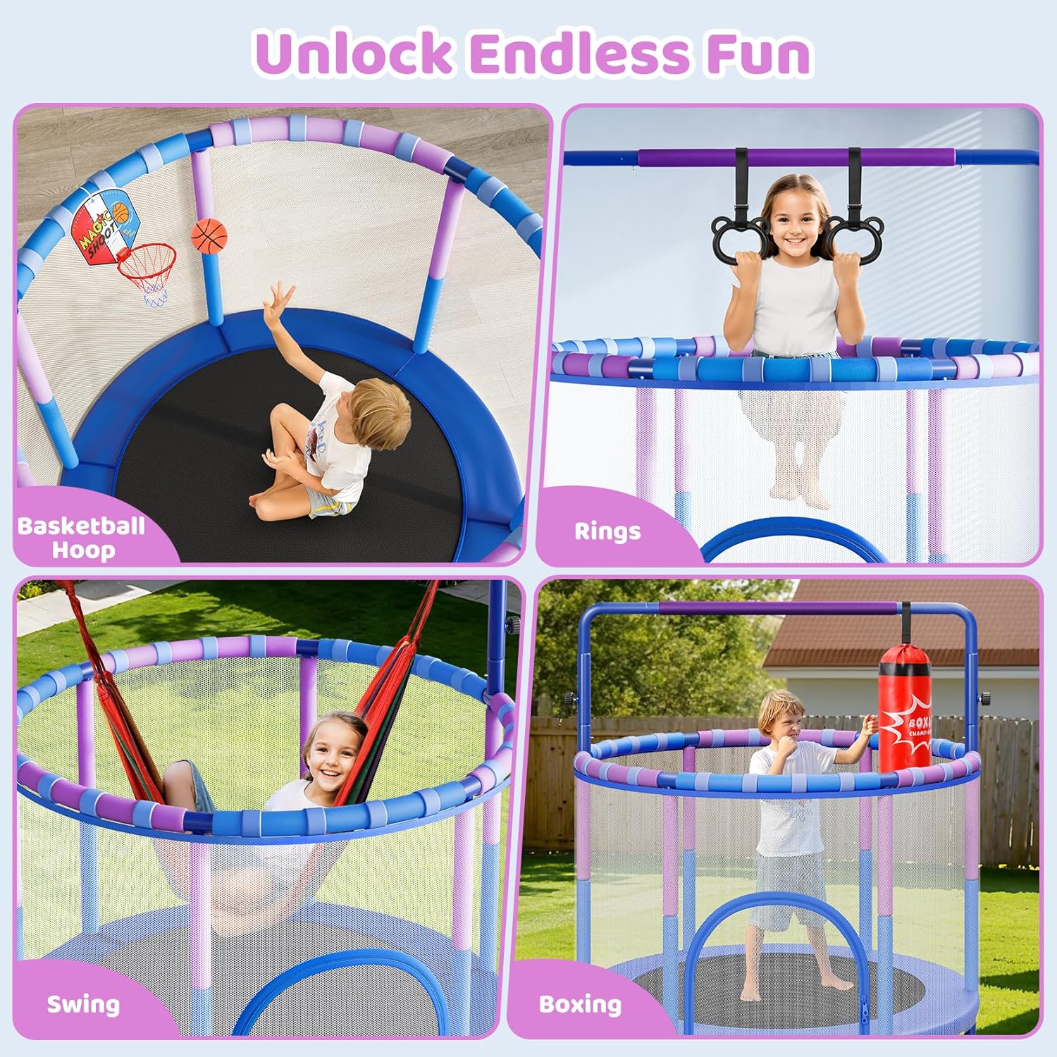 55-inch blue trampoline with black safety enclosure net and adjustable gymnastics bar for toddlers — view 4