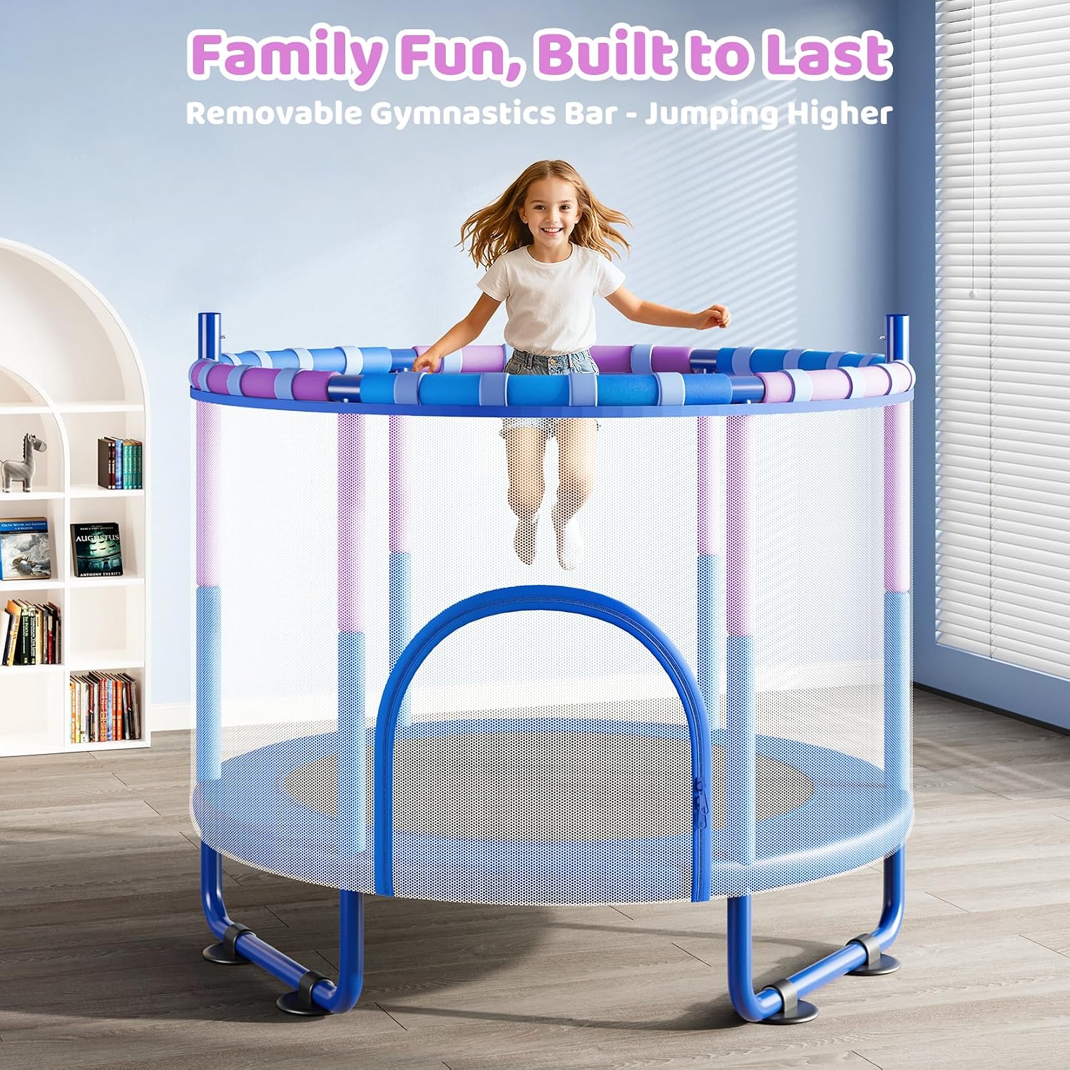 55-inch blue trampoline with black safety enclosure net and adjustable gymnastics bar for toddlers — view 5