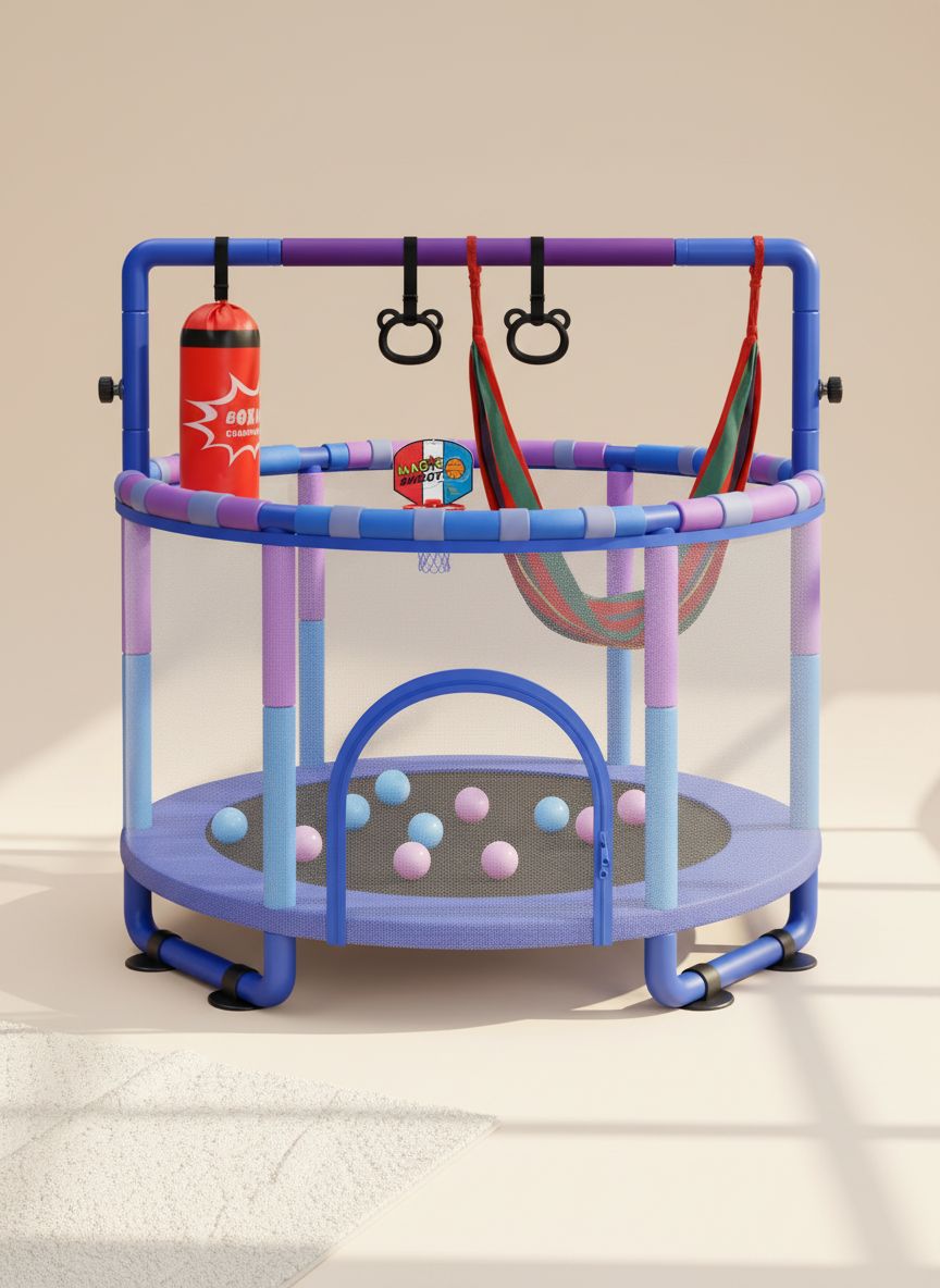 55-inch blue trampoline with black safety enclosure net and adjustable gymnastics bar for toddlers โ view 1