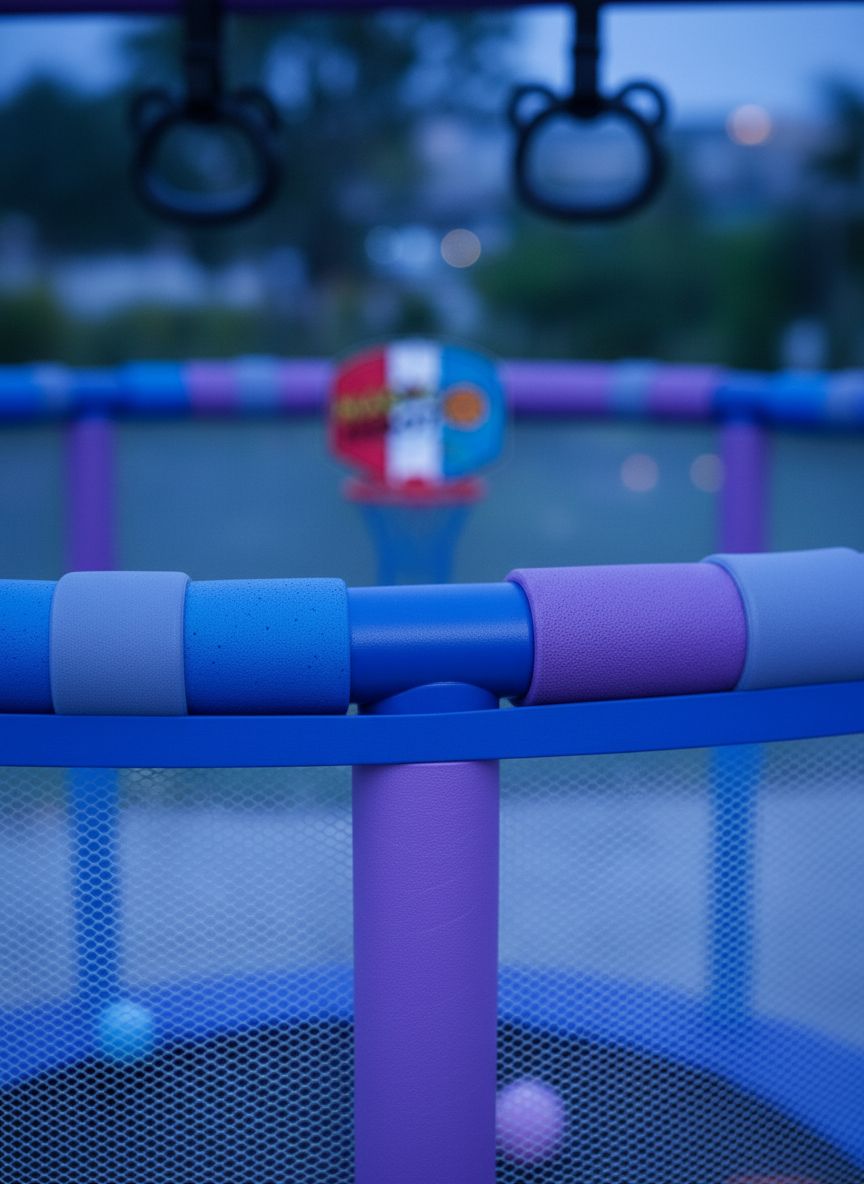 55-inch blue trampoline with black safety enclosure net and adjustable gymnastics bar for toddlers โ view 4
