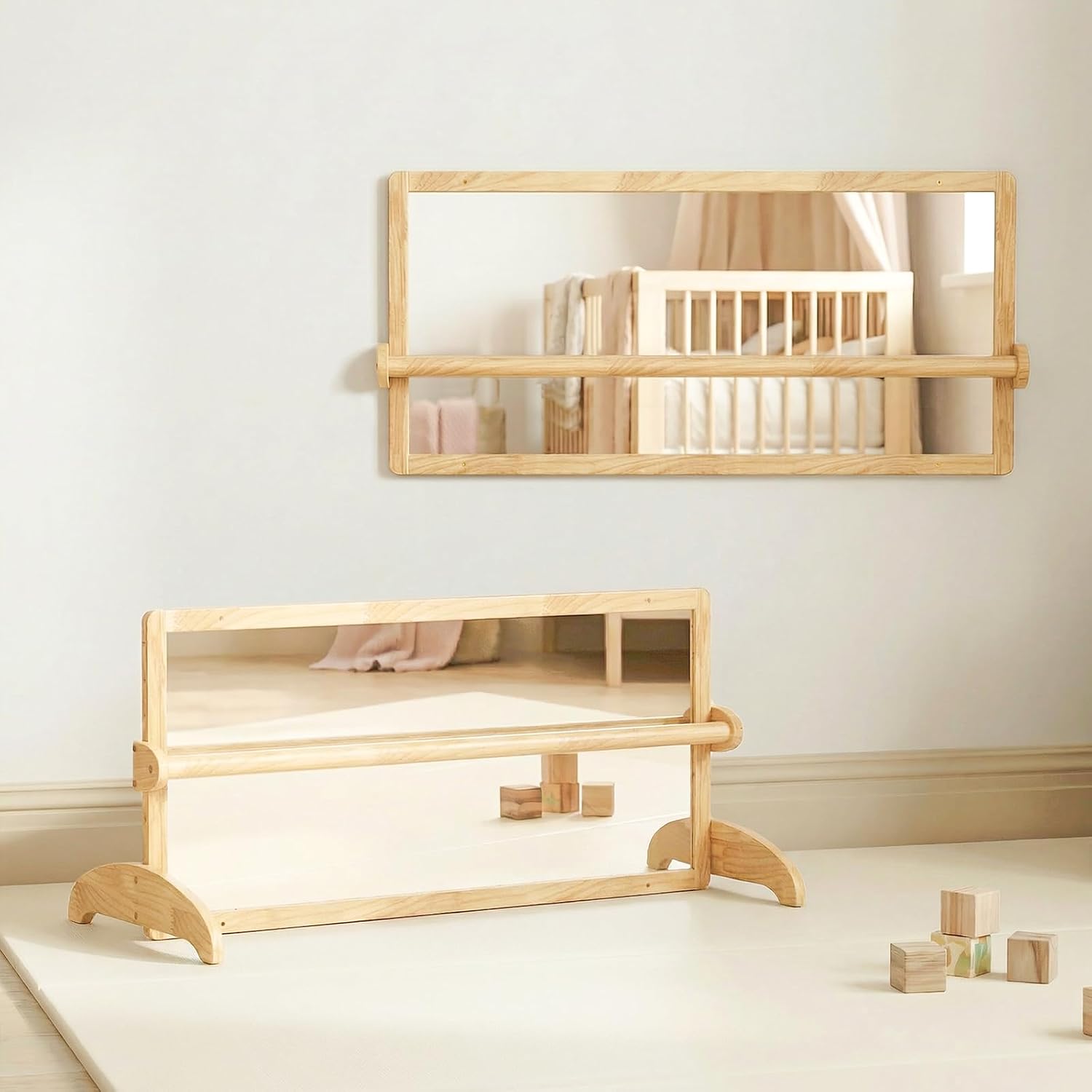 Wooden Montessori standing mirror with natural pull-up bar, full-length reflection for baby gross motor development — view 1