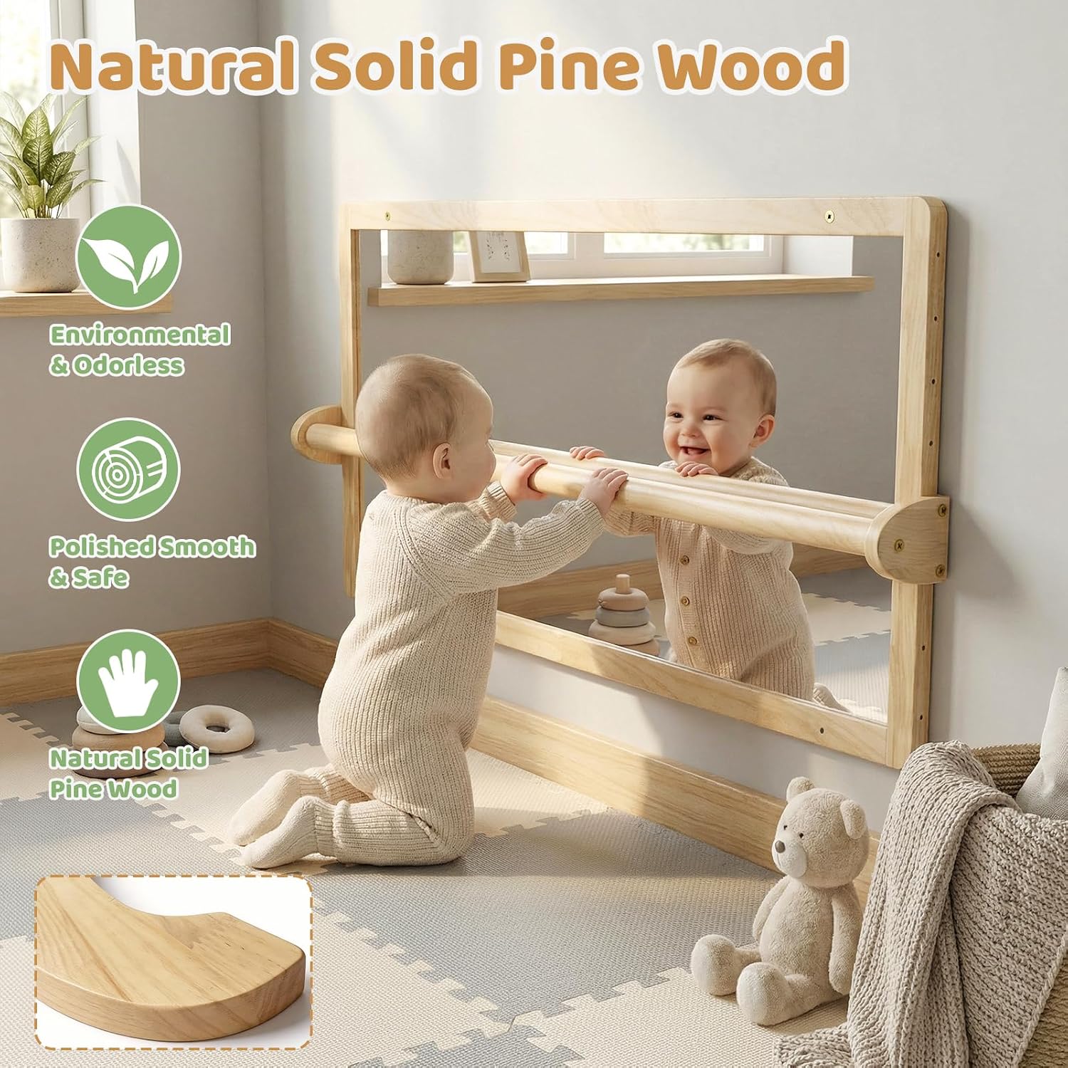 Wooden Montessori standing mirror with natural pull-up bar, full-length reflection for baby gross motor development — view 2