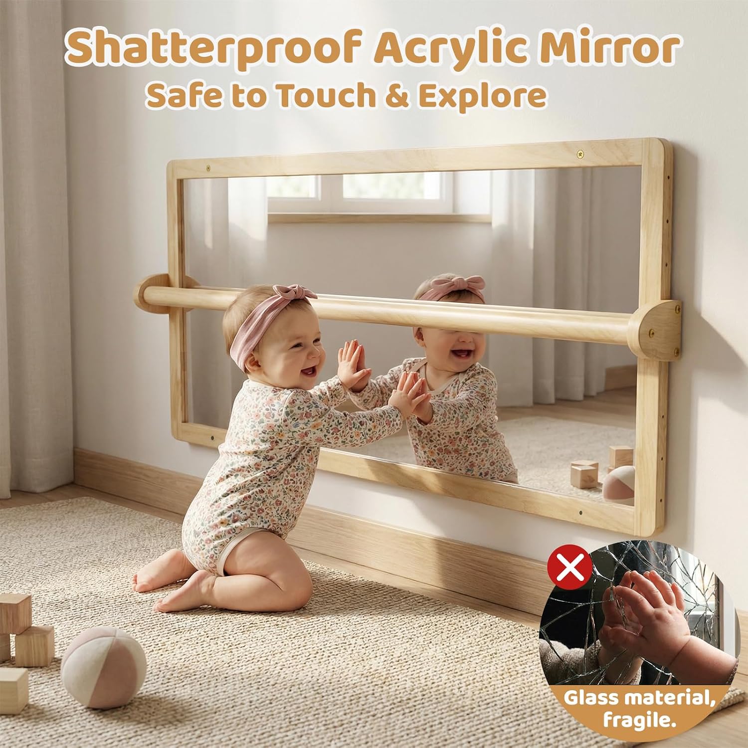 Wooden Montessori standing mirror with natural pull-up bar, full-length reflection for baby gross motor development — back